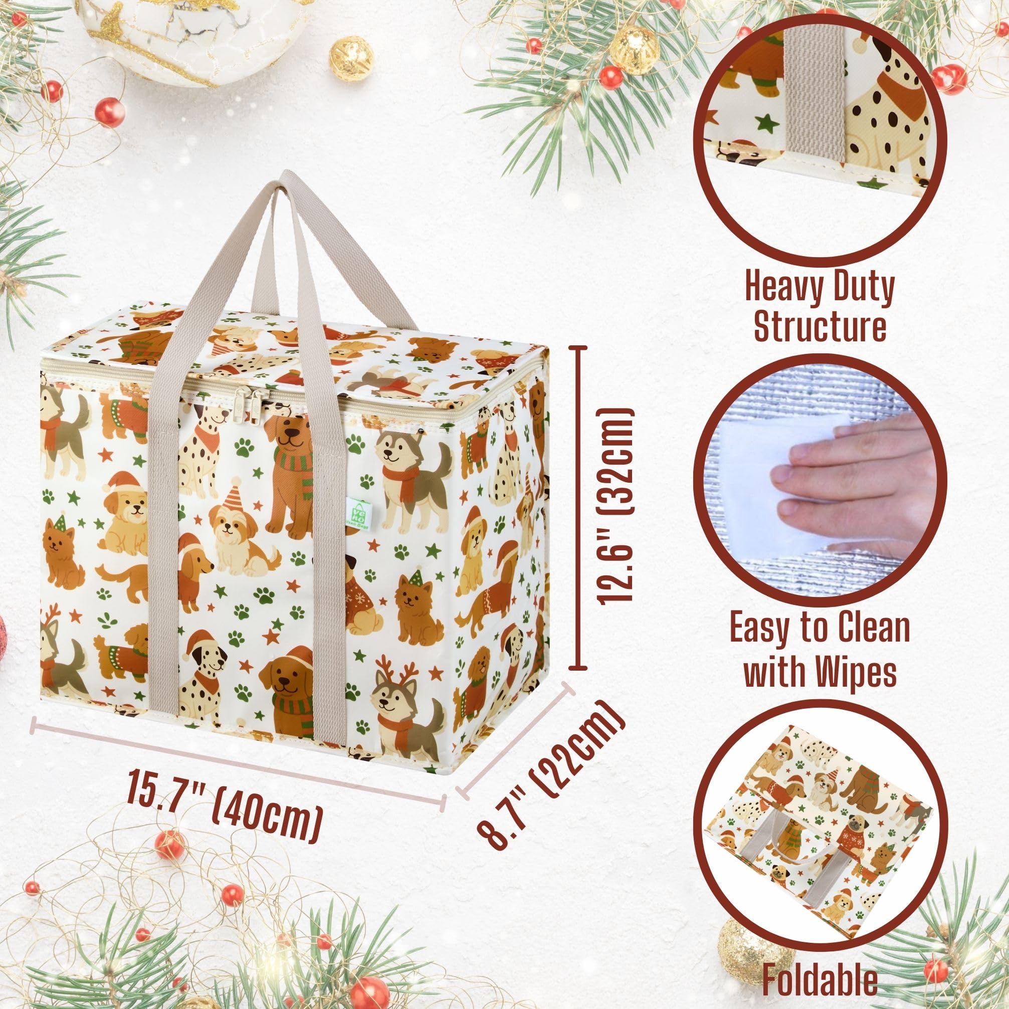 VENO 2 Pack Christmas Cooler Bag Insulated Reusable Grocery Shopping Bag, Food Delivery, Heavy Duty, Large Size, Durable Handles