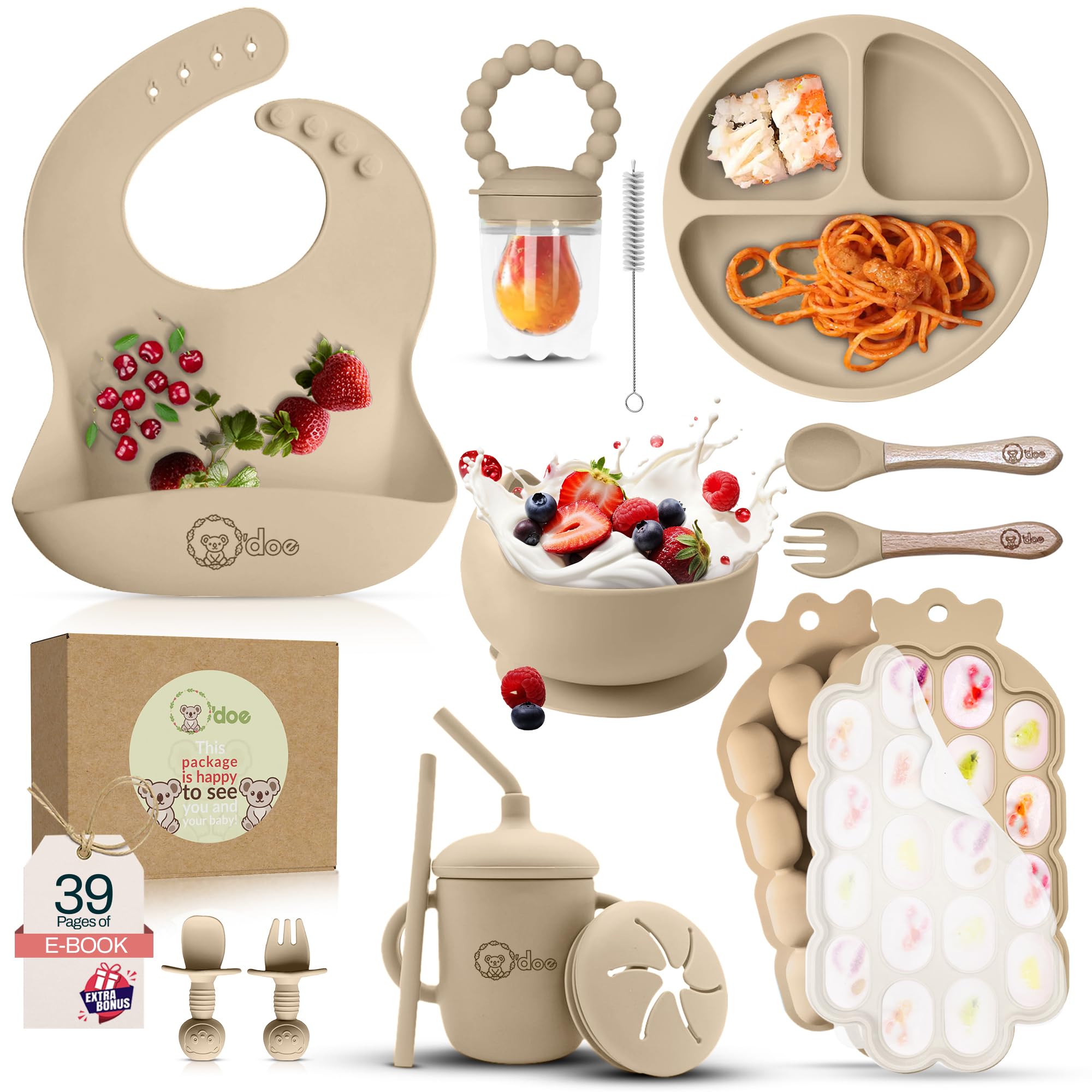 Odoe Baby Weaning Set - 15 Pcs Silicone Baby Feeding Set with Suction Plate, Bowl, Bib, Sippy Cup, Fruit Feeder, Freezer Tray