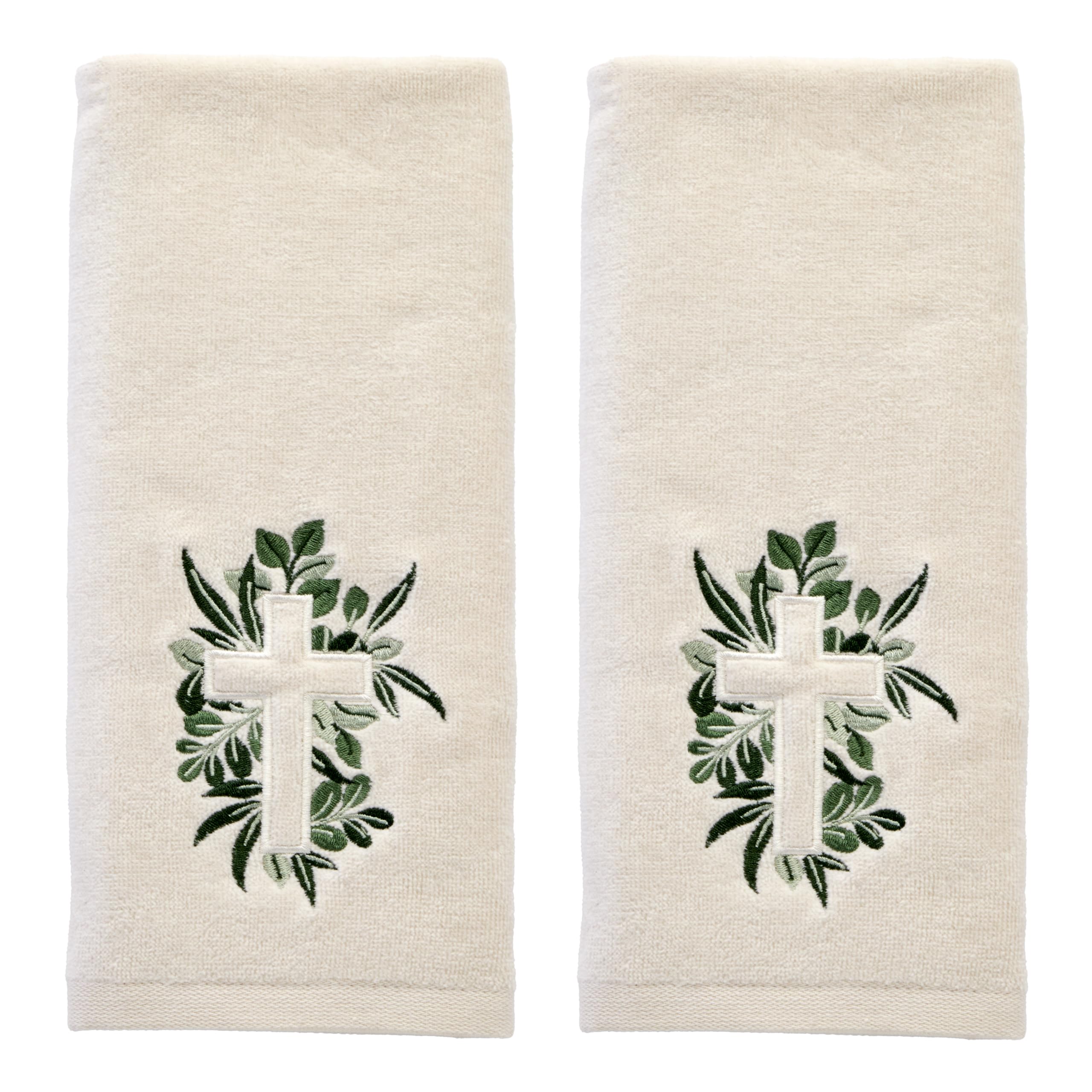 SKL Home Cross with Greenery Hand Towel 2pc Set for Bath/Kitchen/Bar & Gift, Natural
