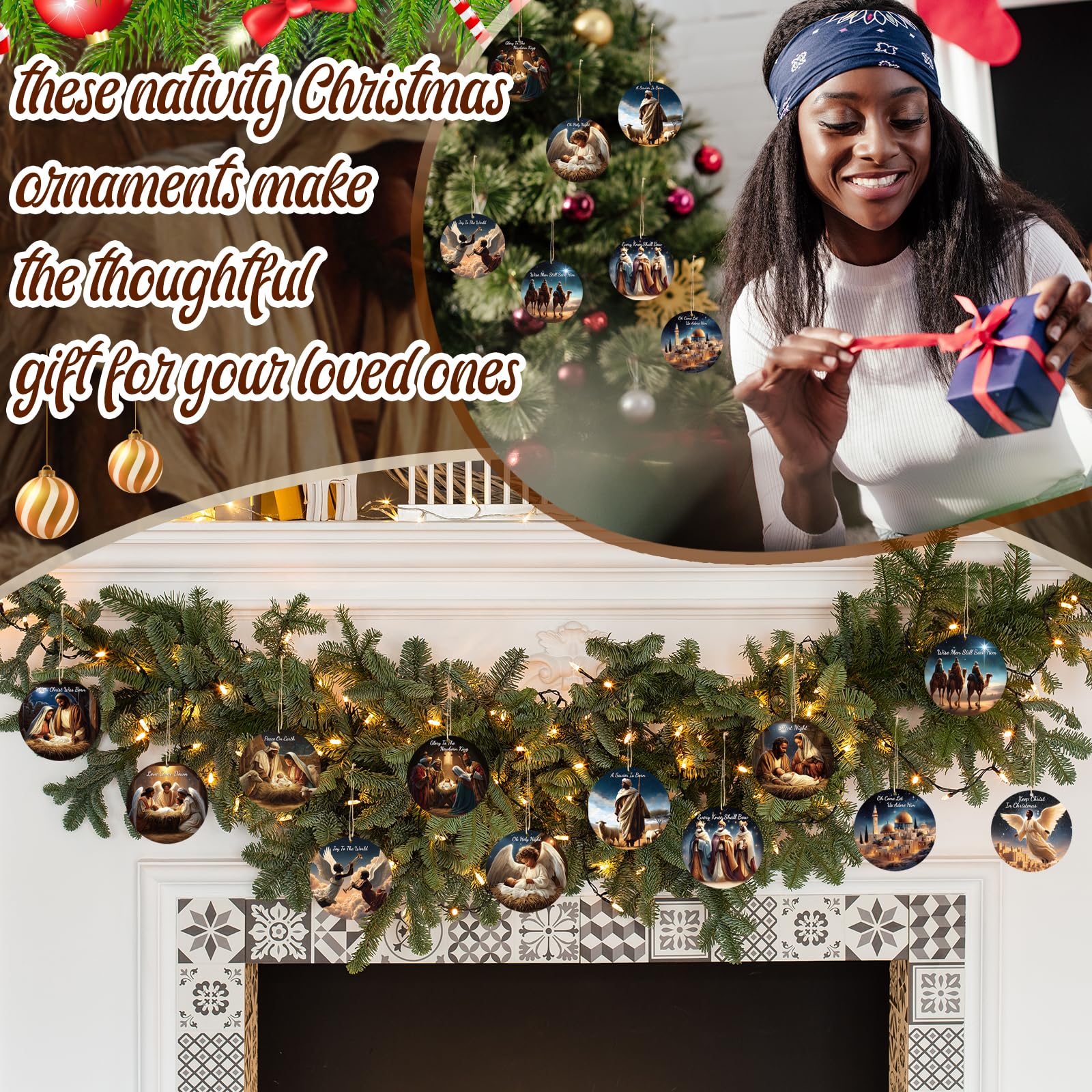 Soaoo 60 Pcs African American Nativity Scene Ornament Bulk Black Nativity Ornaments African American Holy Family Hanging Ornamen