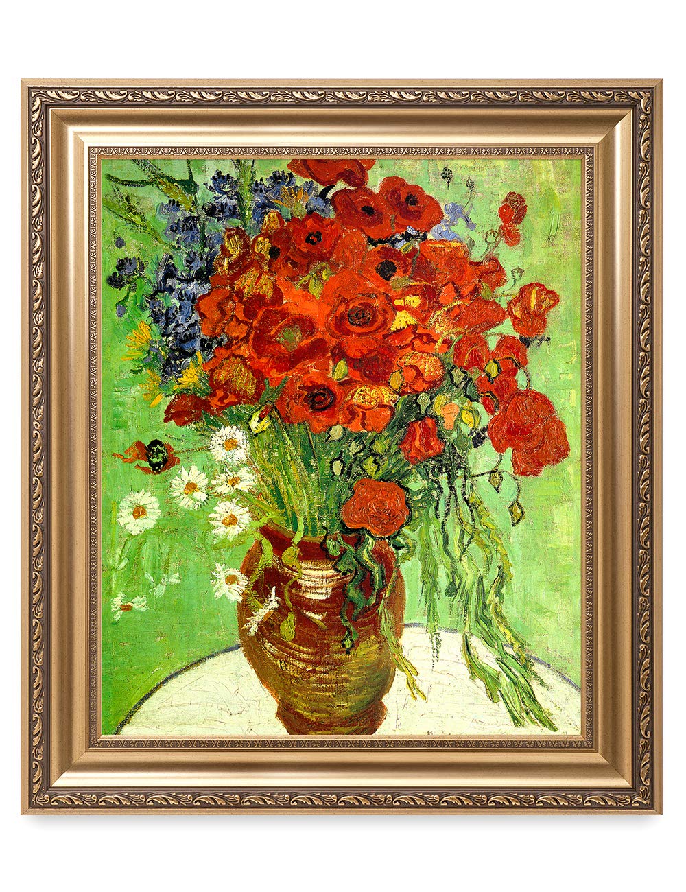 Decorarts - Red Poppies And Daisies - Vincent Van Gogh. Giclee Print On Canvas With Matching Golden-Relief Framed Wall Art. Pict