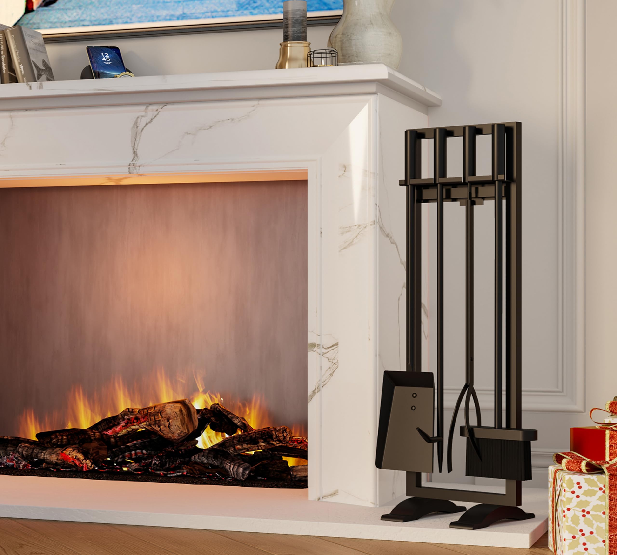 Fire Beauty Fireplace Tools Set 5 Pieces Fireside Accessories Fire Kit Stand Woodstove Tools Holder Wrought Iron Handle Indoor F