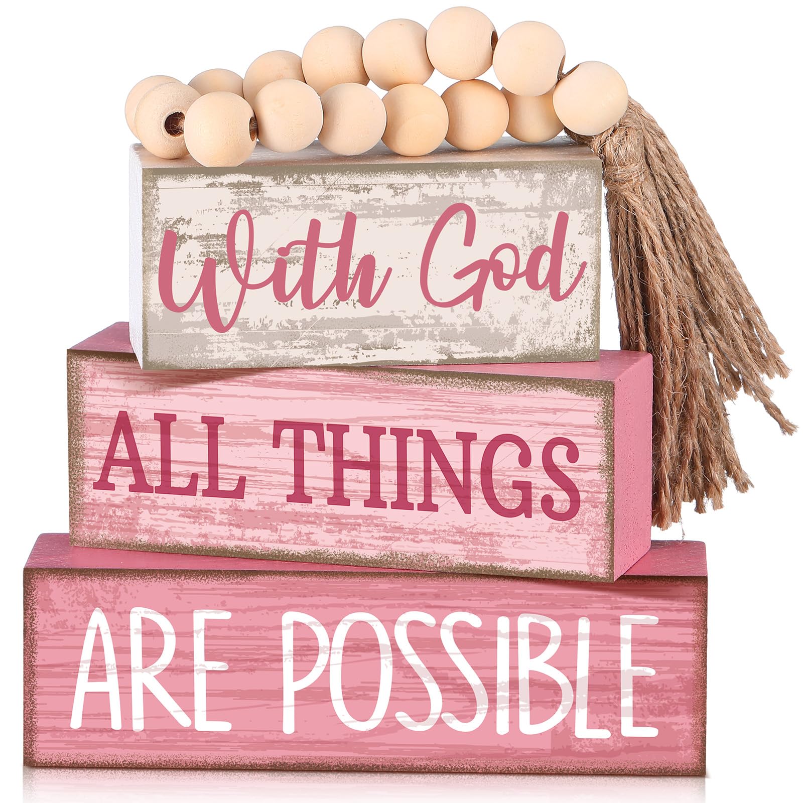 Lineshading 4 Pcs Christian Table Decor Pink Rustic Wooden Block Sign Set with God All Things are Possible Farmhouse Stacked Dec