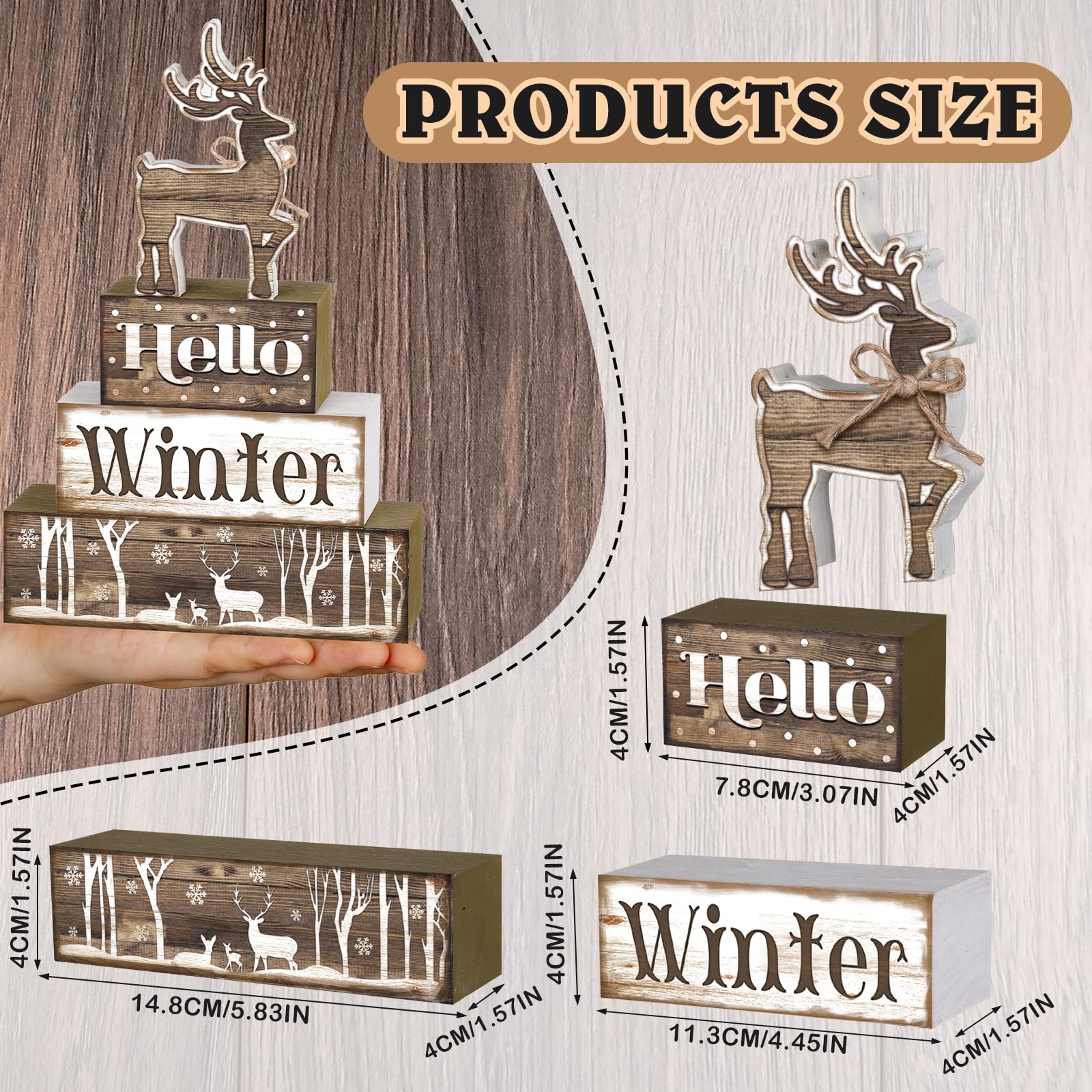 Moucuny 4 Pcs Hello Winter Table Decor Winter Tiered Tray Decor Elk Wooden Decorative Signage Centerpieces Farmhouse Wooden Bloc