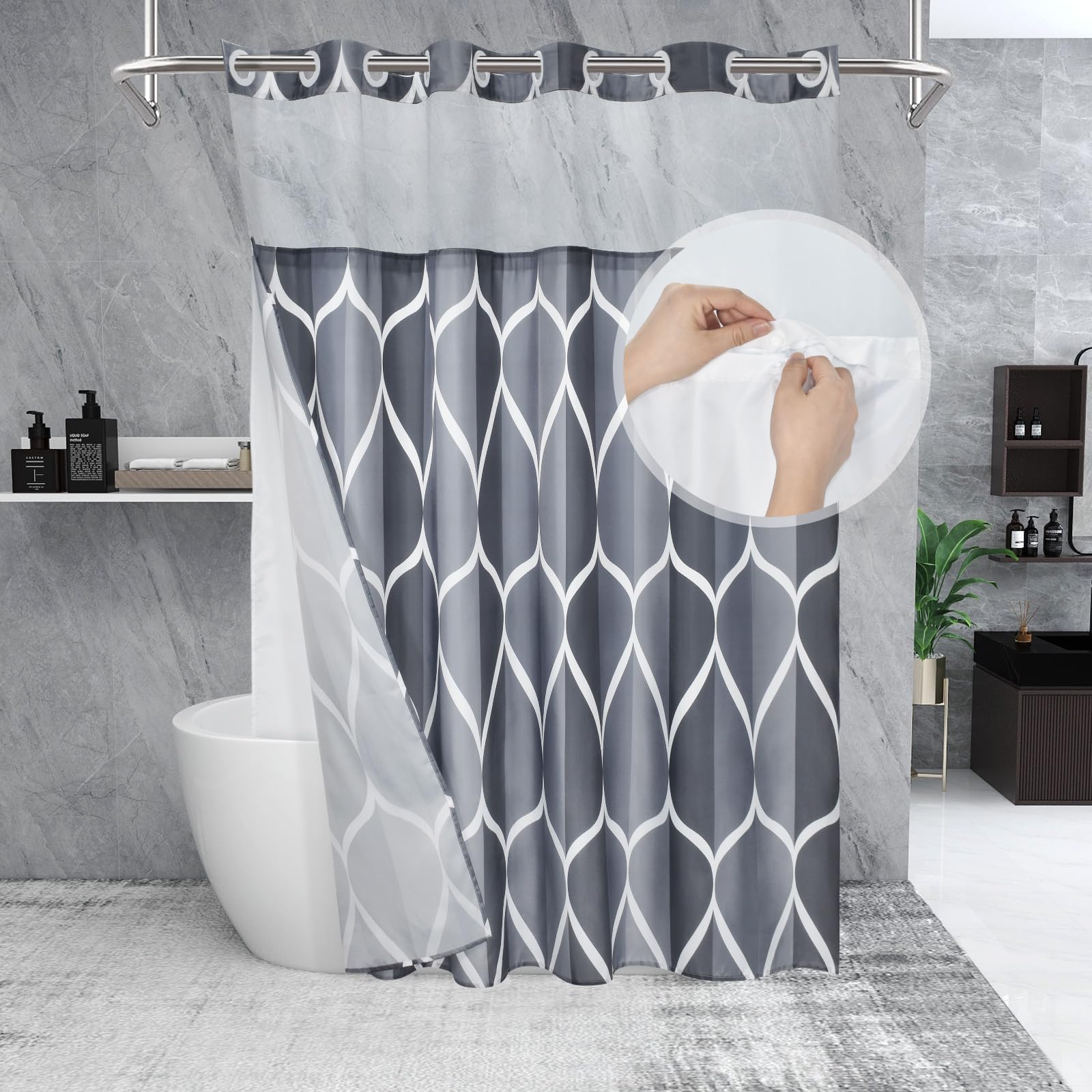 Yiatn Grey Blue No Hook Shower Curtain With Snap In Liner - Hotel Style With See Through Mesh Top Window, Modern Geometric Water