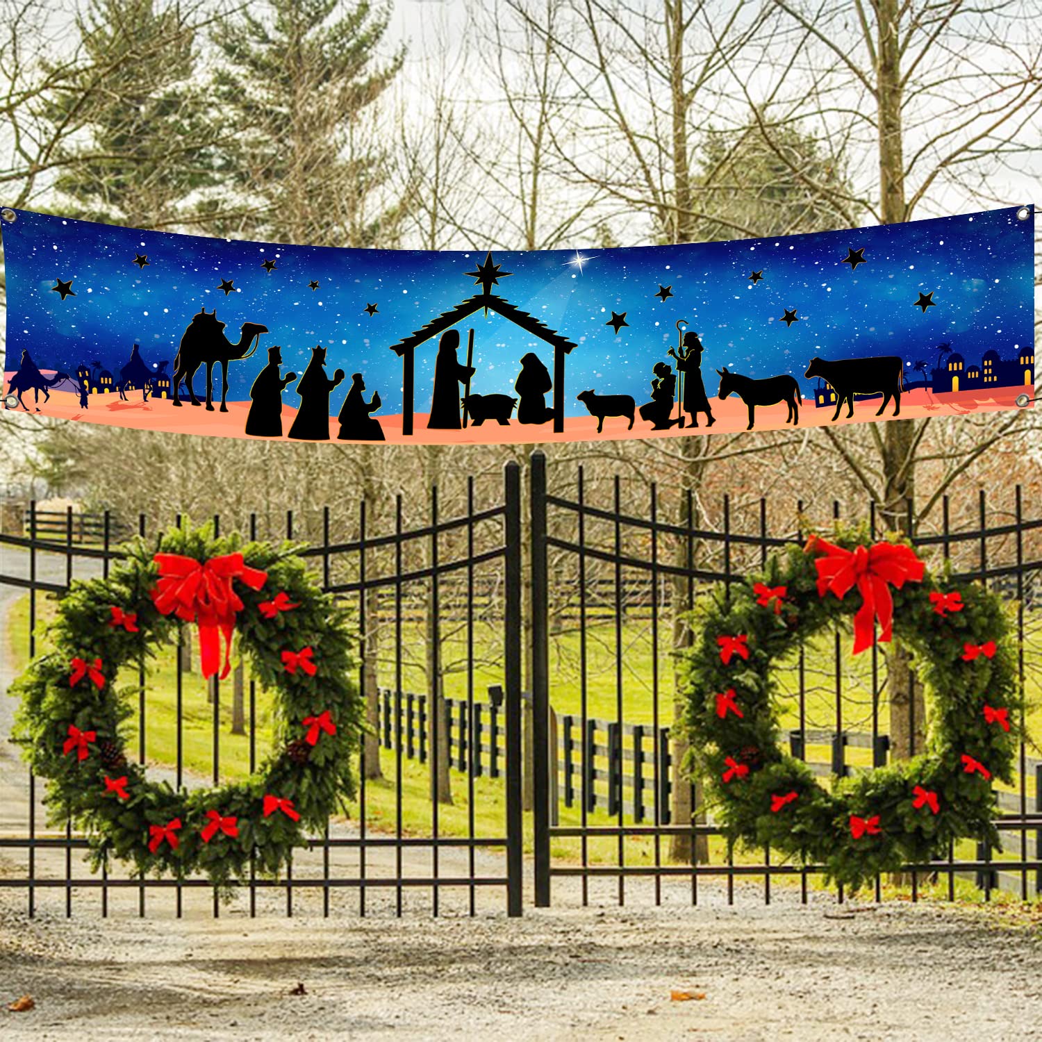 Holy Nativity Christmas Decorations Banner Manger Scene Religious Christmas Yard Sign Banner For Merry Christmas Xmas Outdoor De