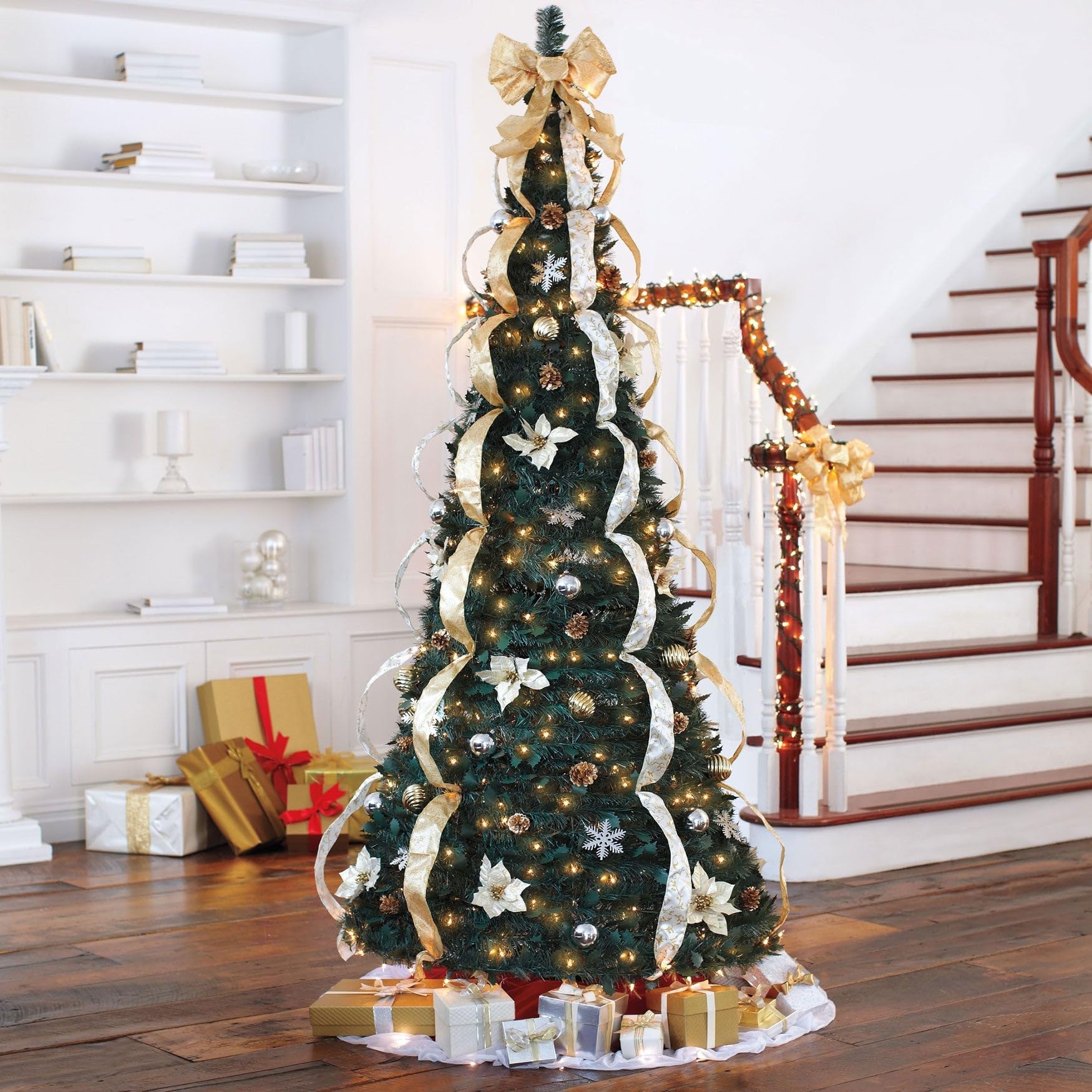 BrylaneHome 7.5 Ft Fully Decorated Pre-Lit Pop-Up Christmas Tree with 450 Warm Lights & Included Stand, Collapsible, Easy Assemb