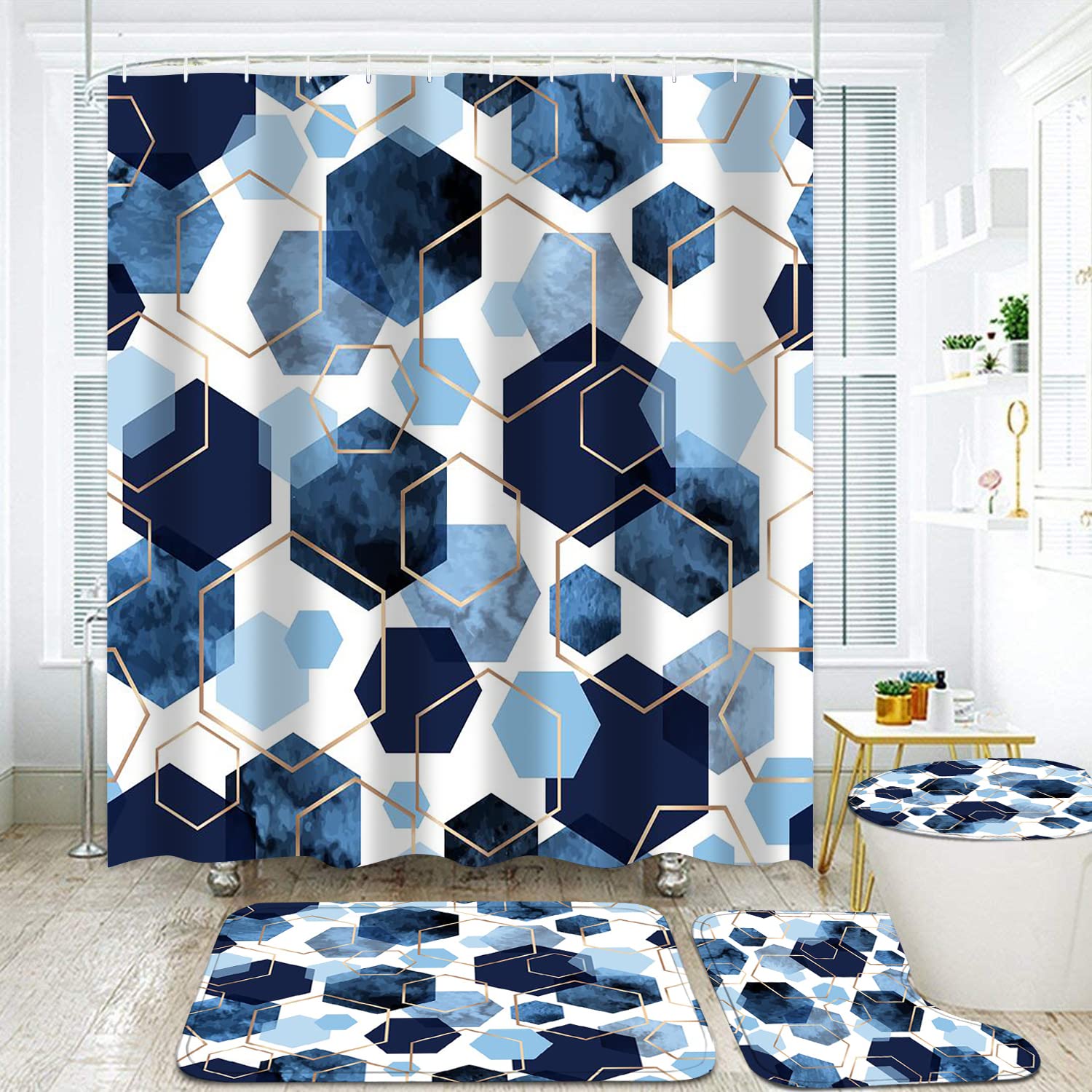 Lqcool 4Pcs Sky Blue Geometric Shower Curtain Set With Navy Blue Abstract Art, 12 Hooks, Bath Mat And Rugs