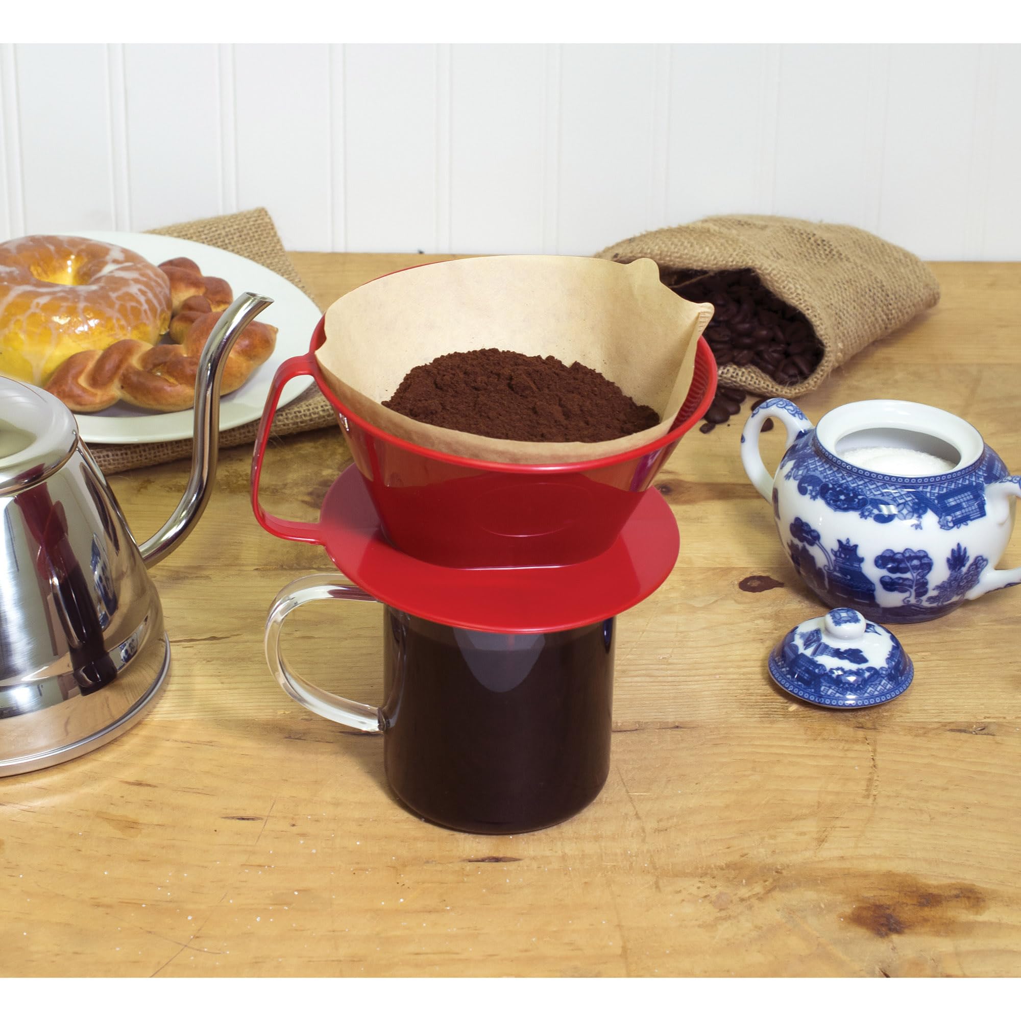 Fino Pour-Over Coffee Brewing Filter Cone, Number 4-Size, Red, Brews 8 To 12-Cups, Set Of 2