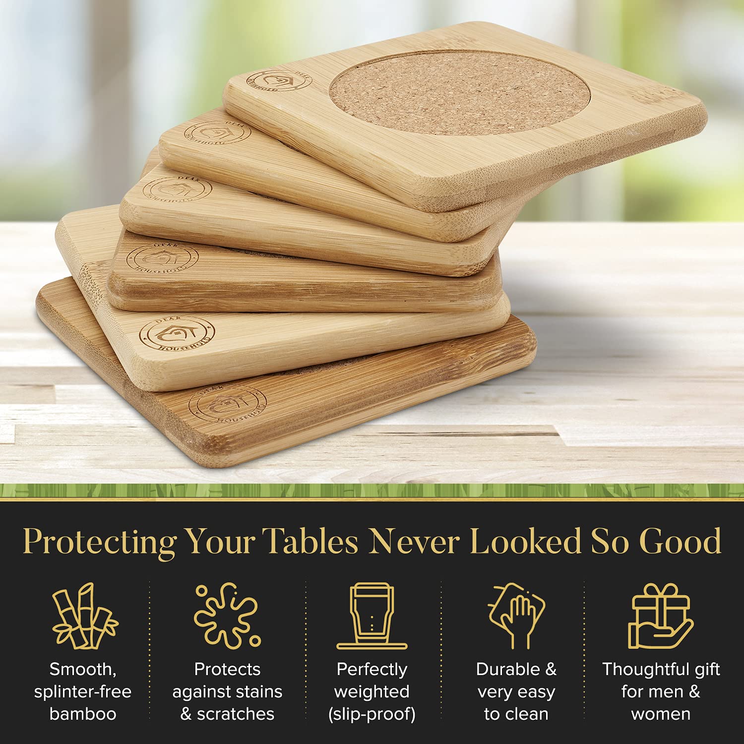 Set Of 6 Bamboo Coasters With Matching Coaster Holder - Sleek, Smooth Moso Bamboo & Cork Coaster Set Protects Surfaces From Stai