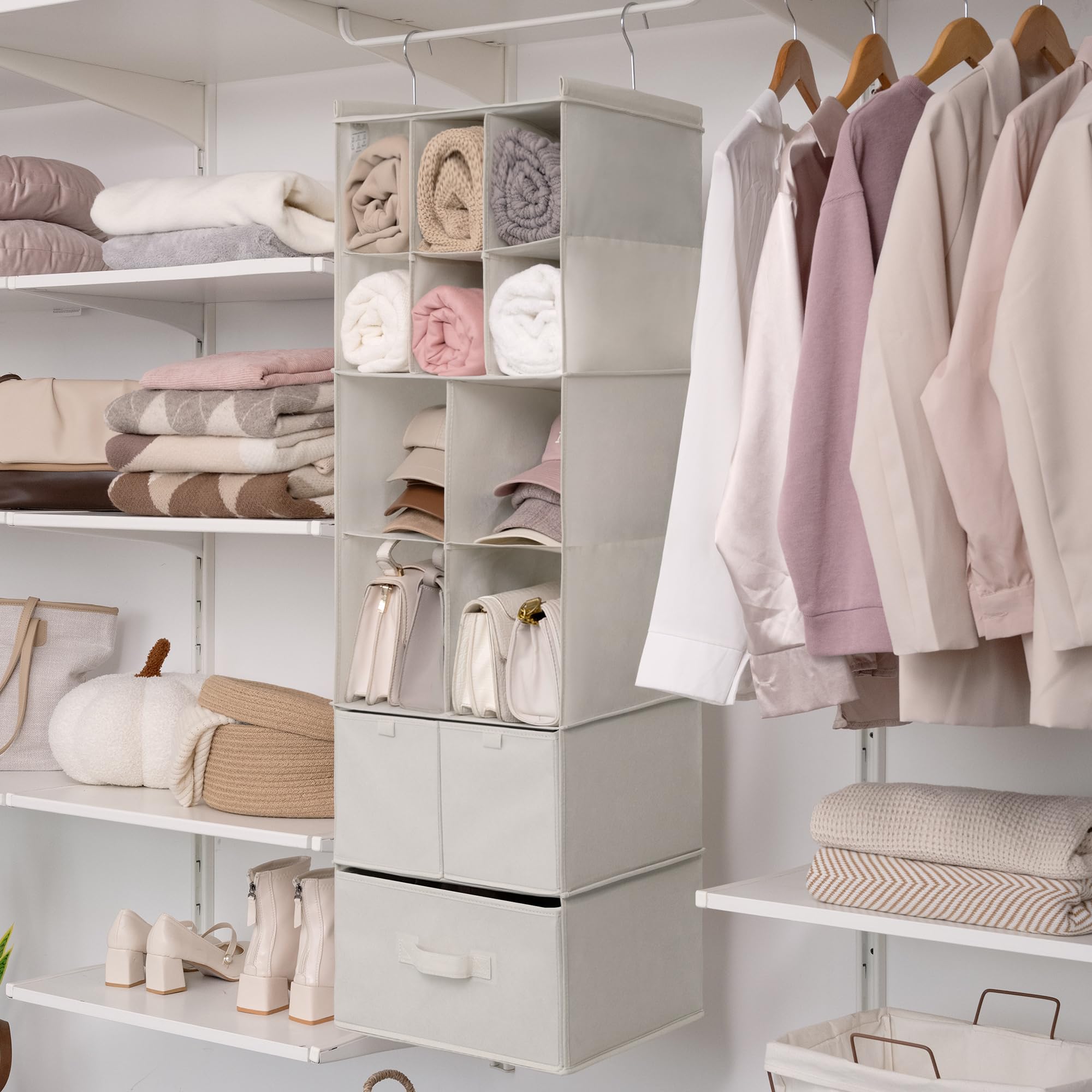 Granny Says Hanging Closet Organizer With Drawers, 6 Shelf Dividers Closet Hanging Organizer, Foldable Hanging Shelves For Close