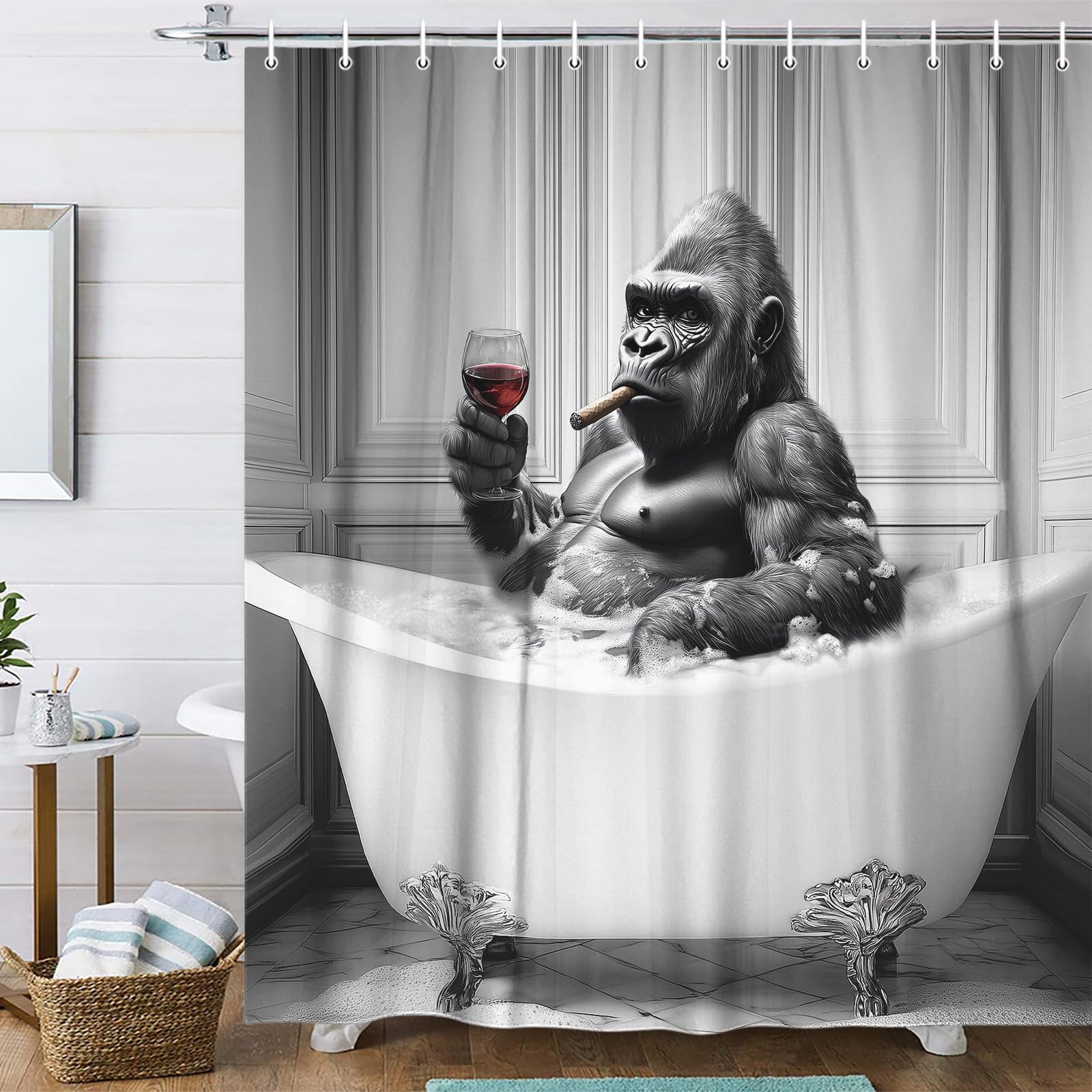 Uokiuki Funny Monkey Shower Curtain, Cool Chimpanzee In Bathtub Wildlife Animlas Shower Curtain Black And White Bathroom Decorat