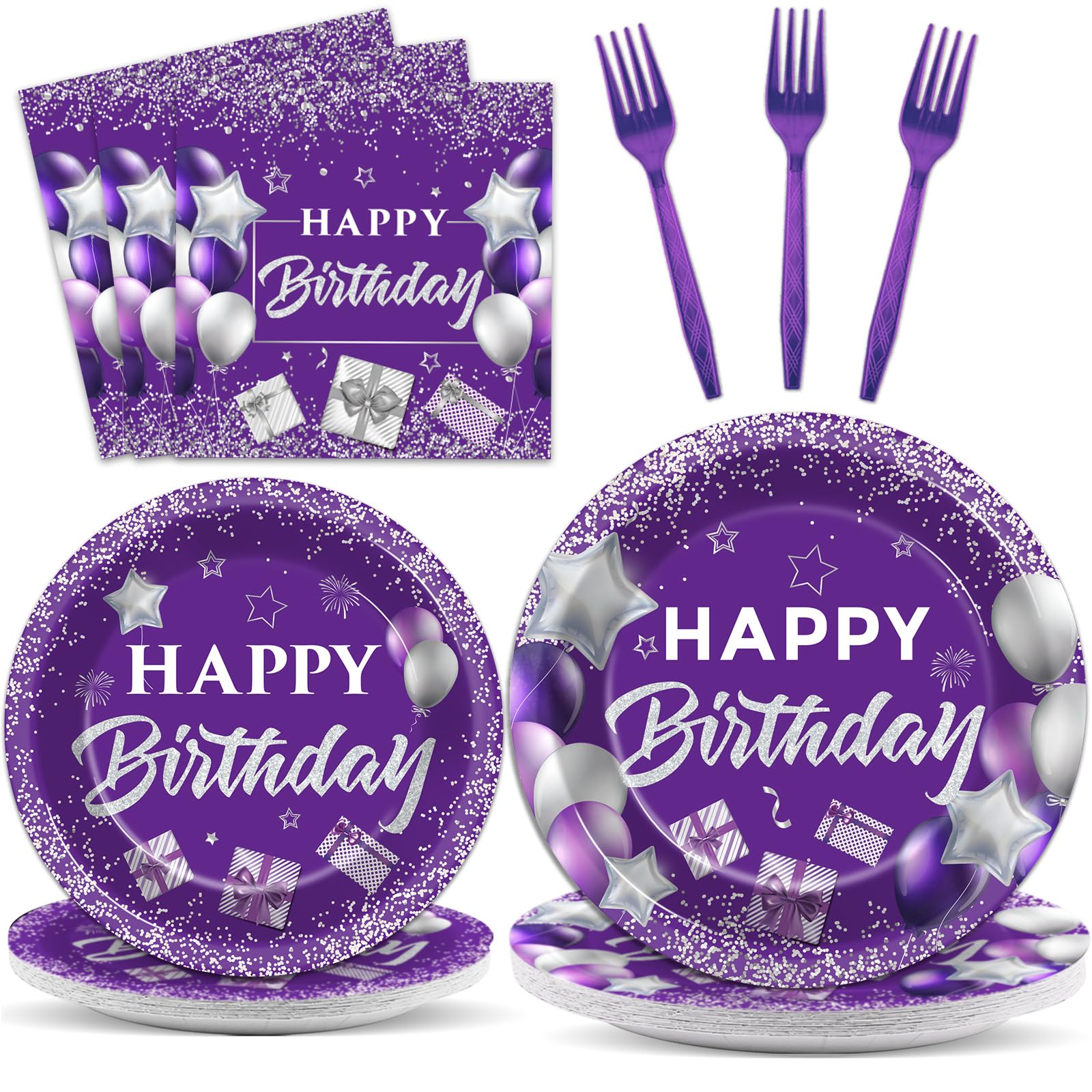 96 Pcs Purple Birthday Party Supplies Paper Plates Napkins Purple Silver Happy Birthday Tableware Set Dinner Dessert Table Decor