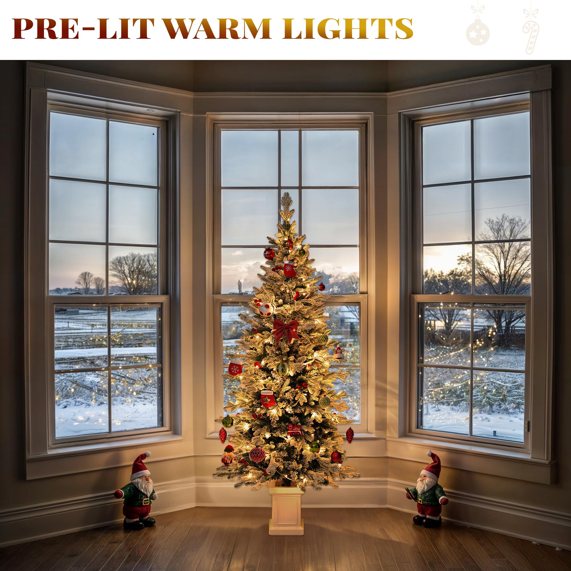YITAHOME 6ft Potted Prelit Flocked Pencil Christmas Tree, Pre-Decorated Slim Arctic Fir with 520 PE & PVC Mixed Branch Tips and
