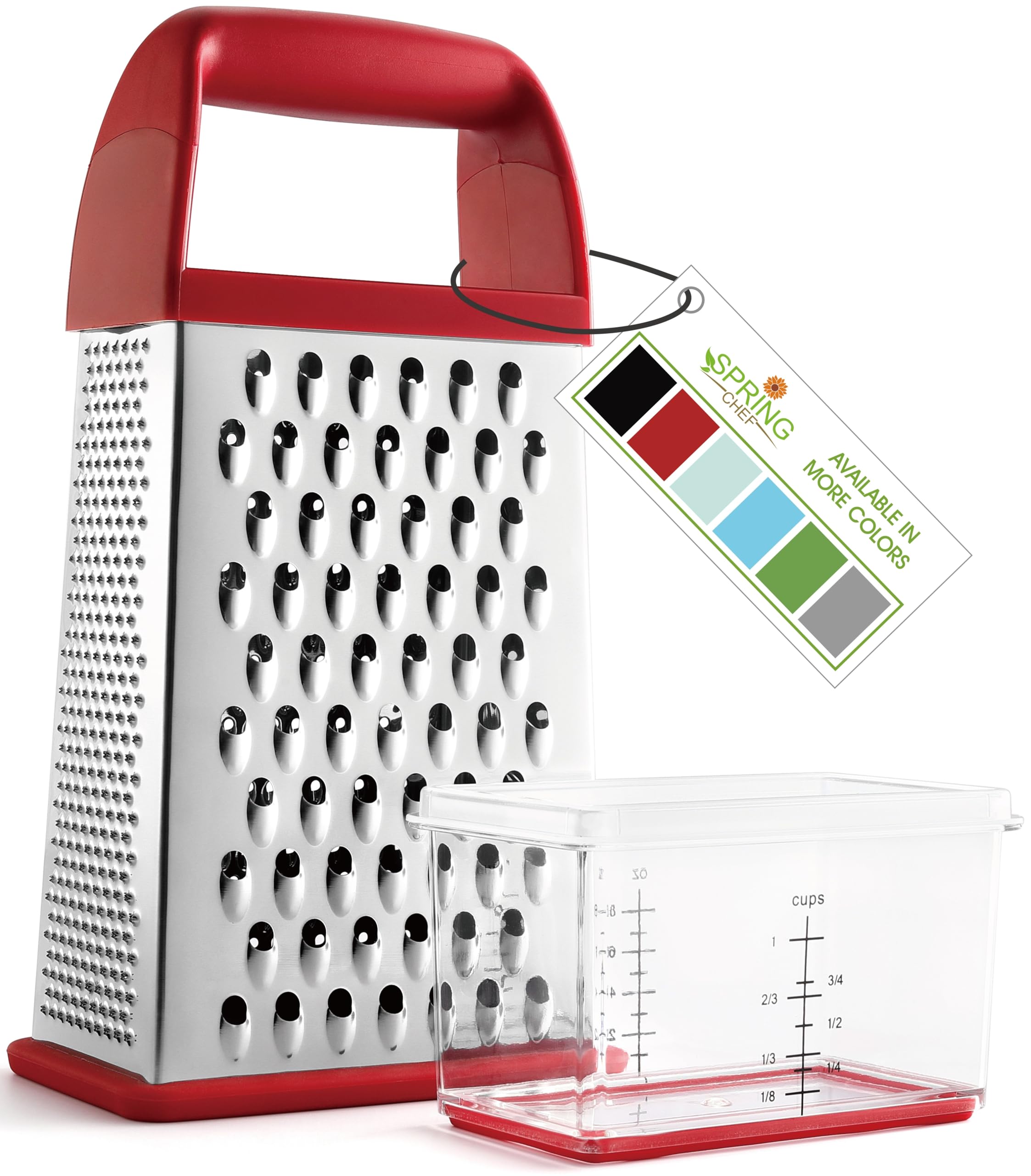 Spring Chef Professional Red 10'' Parmesan Cheese Grater With Container, Stainless Steel & Soft Grip Handle, 4 Sided Kitchen Car