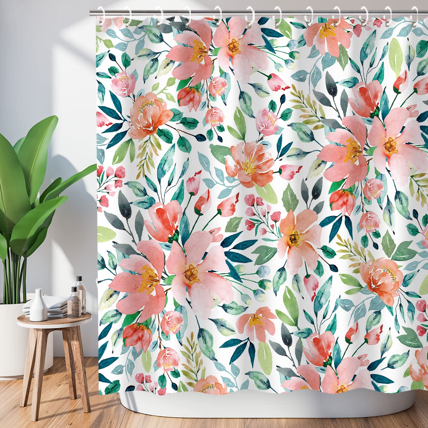 Livilan Pink Floral Shower Curtain, Flowers With Green Leaf Fabric Bathroom Curtains Set With Hooks, Blue And Pink Shower Curtai