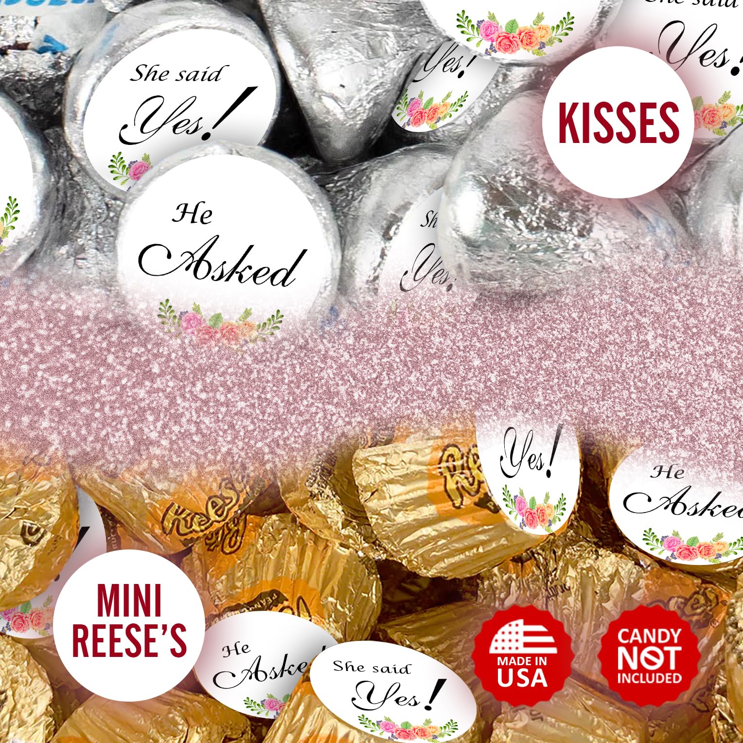324 Floral Roses He Asked She Said Yes!  Kisses Wedding Stickers  Chocolate Drops Labels Stickers for Weddings  Bridal Shower Engagement Party Decorations  Favors for Kisses