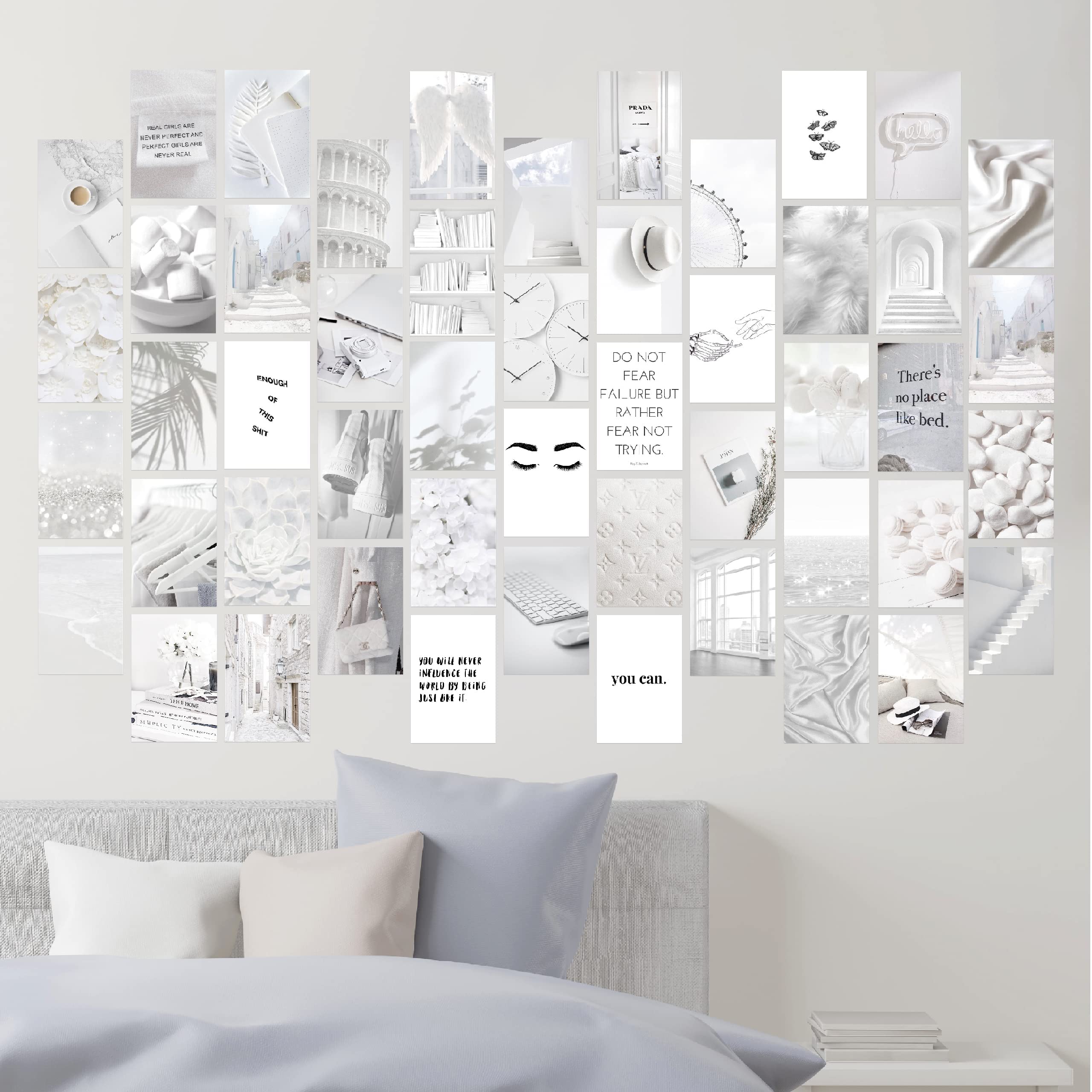 White Photo Collage Kit For Wall Aesthetic | Minimalist White And Grey Wall Posters For Teen Girl Dorm Room Decor | 50 Set 4X6 I