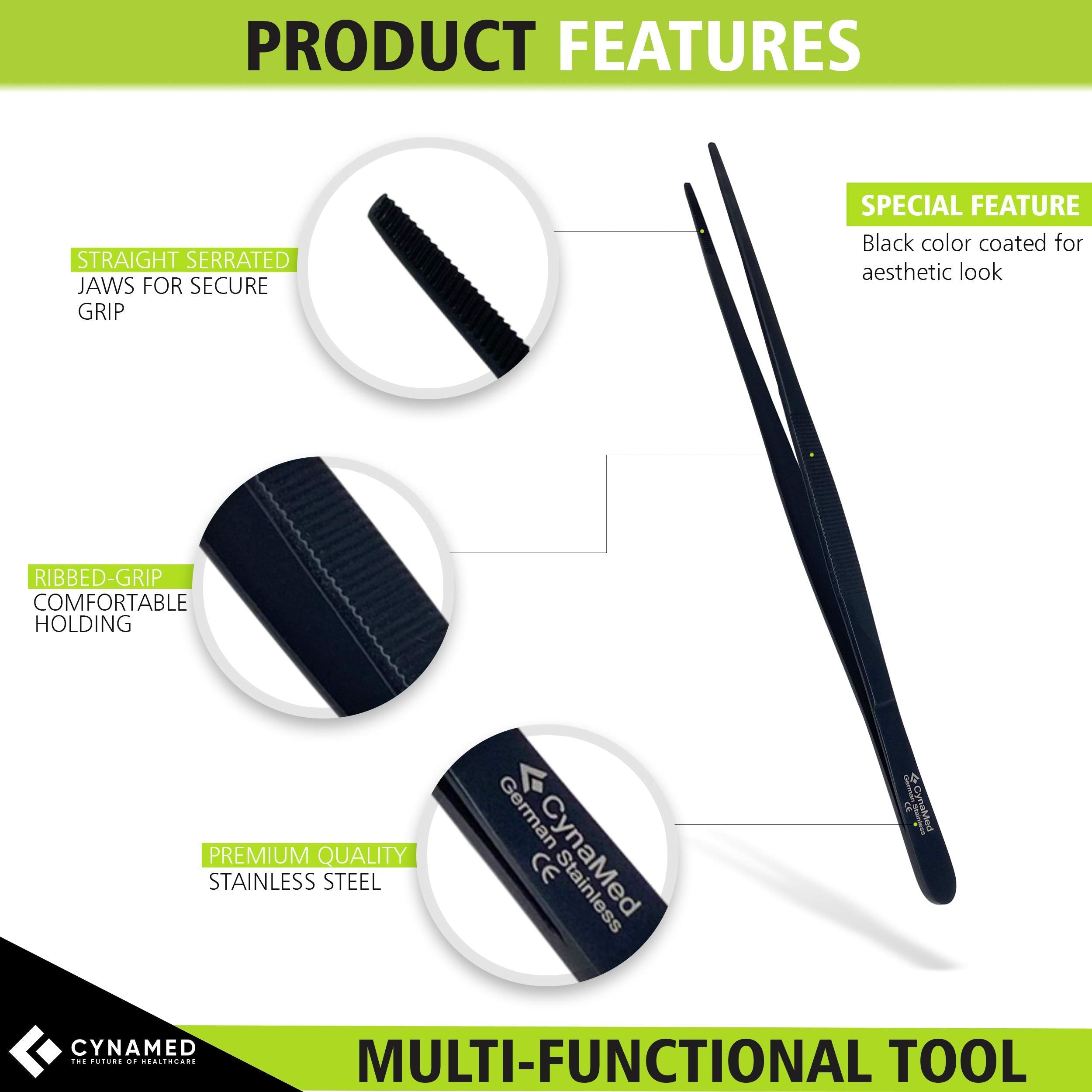 Cynamed 10    Kitchen Premium Tongs Tweezers Stainless Steel, Long With Precision Serrated Tips (Black)