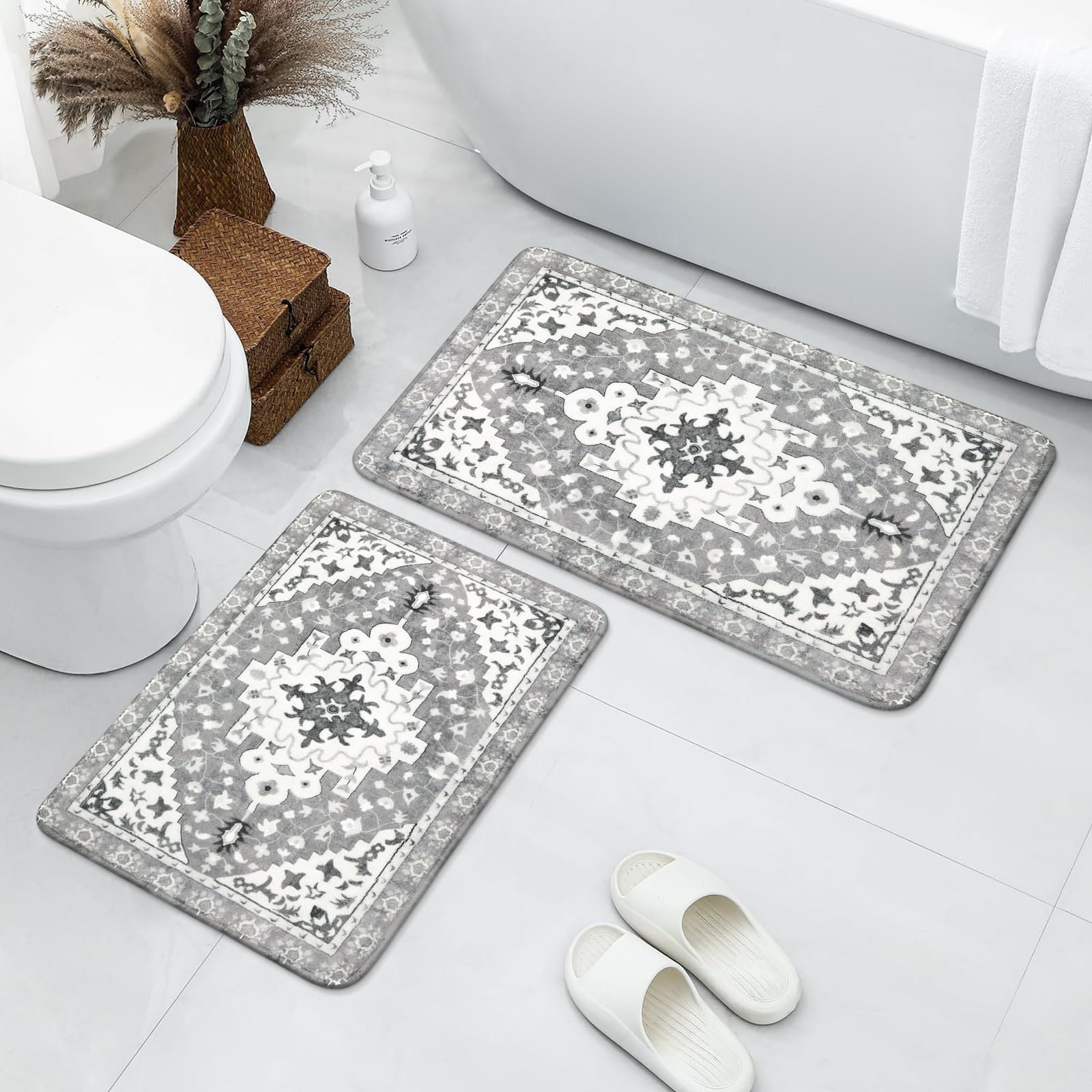 Uphome Boho Vintage Bathroom Rugs Sets 2 Piece Gray Non-Slip Soft Bath Mat Machine Washable Oriental Aesthetic Bath Rug Traditio