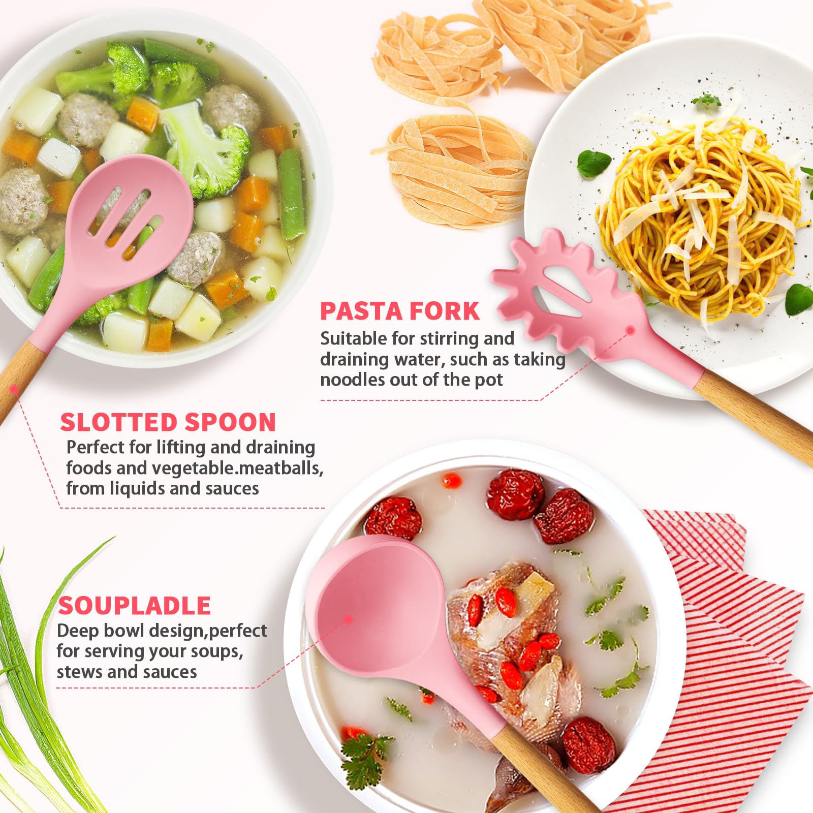 Caliamary Silicone Kitchen Utensil Set, 11 Pieces Cooking Utensil With Wooden Handles, Utensil Holder For Nonstick Cookware, Spo