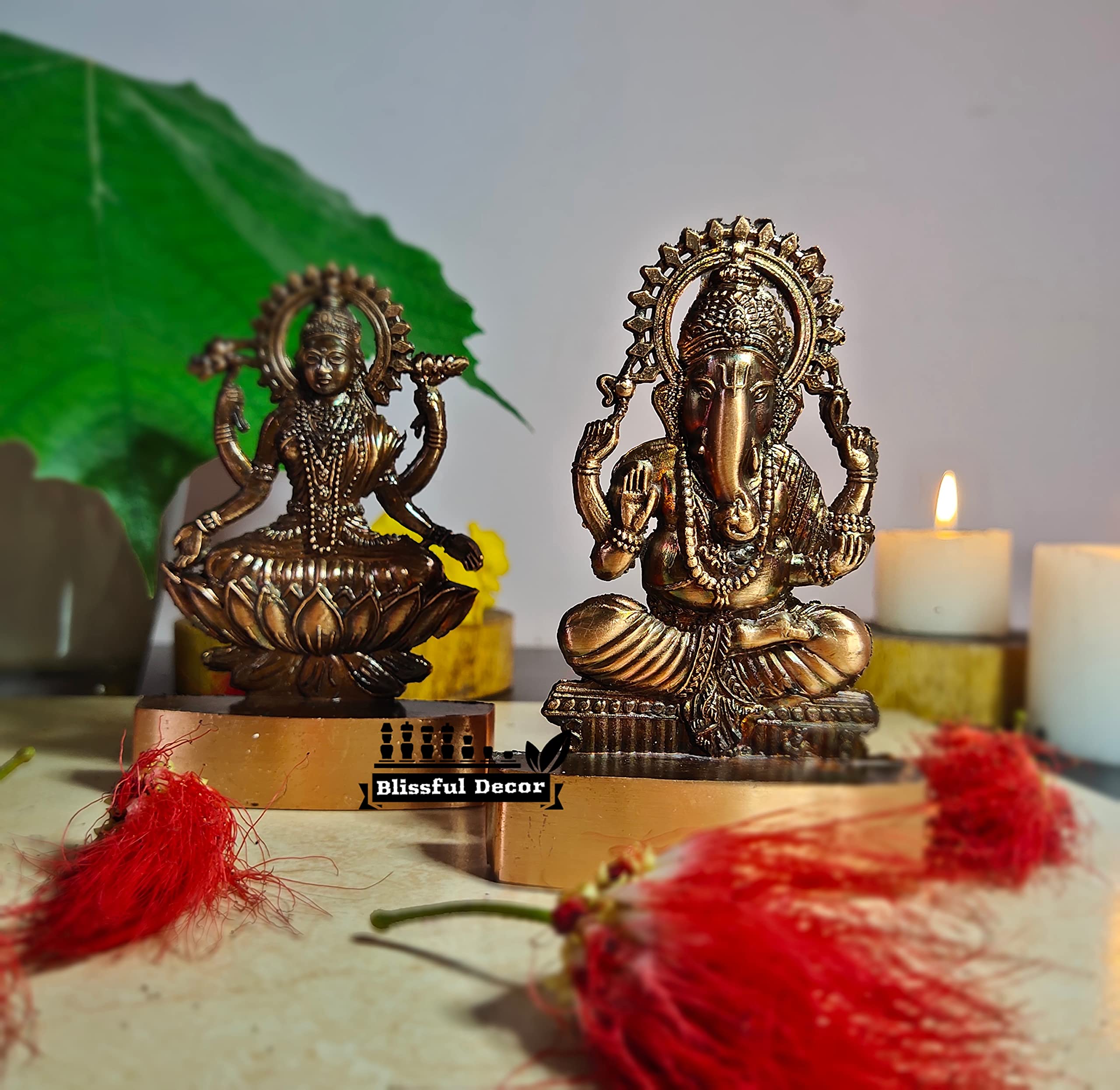 Blissful Decor Amishi Handicraft Metal Laxmi Ganesha Copper Antique Finish Pujan Set Auspicious Indian Art Statues Luxmi Ganesh