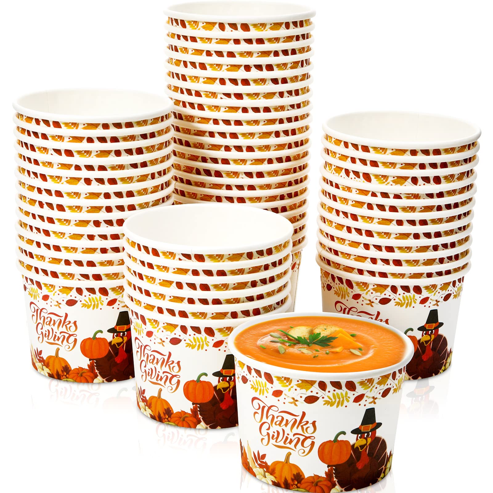 Potchen 50 Pack 9 oz Thanksgiving Day Disposable Paper Cups Fall Themed Disposable Dessert Bowls Paper Snack Cups Paper Soup Cup