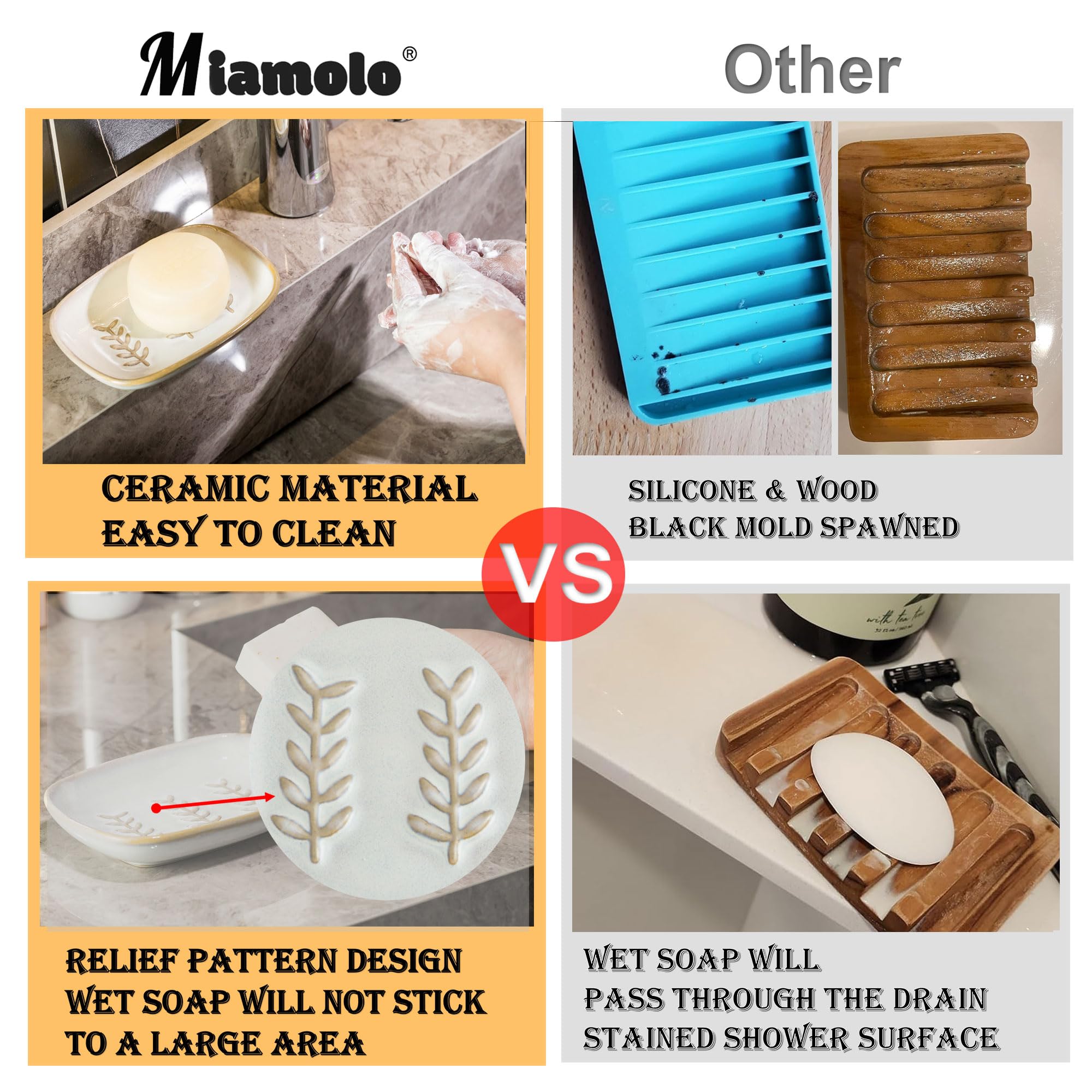 Miamolo Soap Dish Soap Holder Shower, Ceramic Soap Dishes For Bar Soap Sponge, Shower Soap Dish Soap Saver Tray For Bathroom Kit