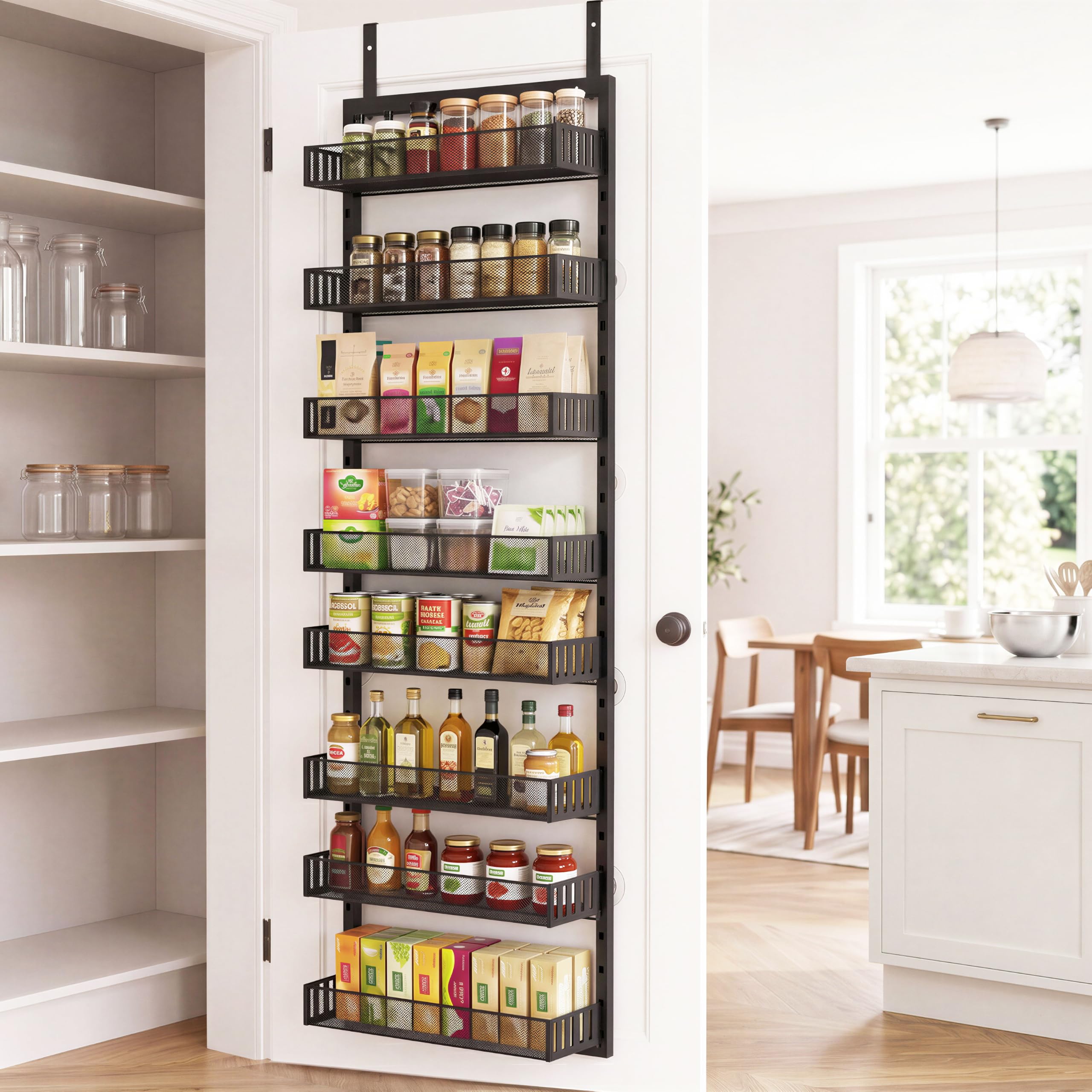 Over the Door Pantry Organizer, 8Tier HeavyDuty Door Spice Rack with Mesh Baskets, Height Adjustable & AntiSwing Design, Pant