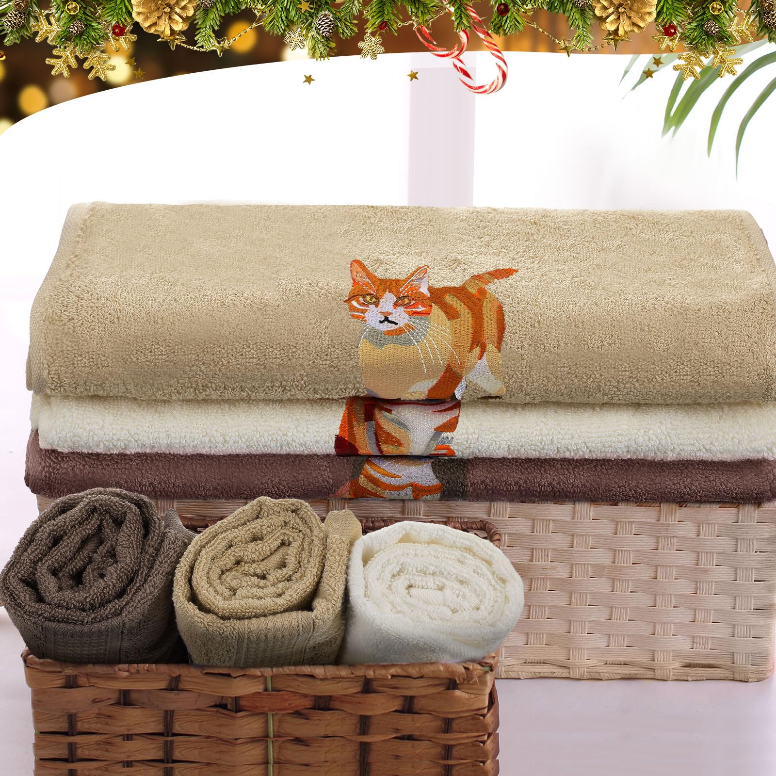 Hillsuren 3 Pcs Orange Cat Hand Towels Bathroom Sets Decor Cute Orange Cat Lover Gifts Funny Decorative Farmhouse 100% Cotton Em