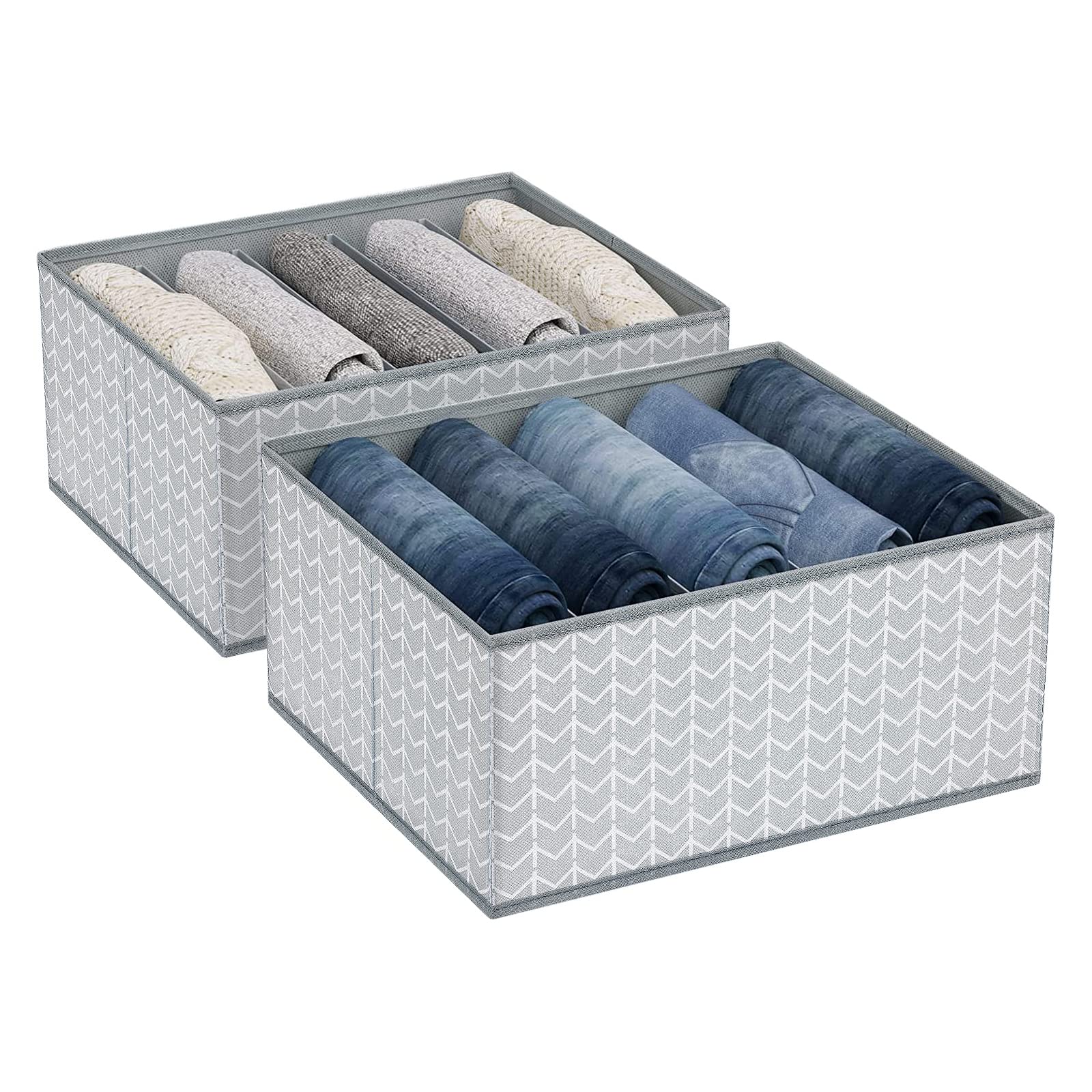 DIMJ Wardrobe Clothes Organizer, Fabric Drawer Organizers for Clothing with Cardboard, 5 Grids Drawer Dividers for Clothes, Jean