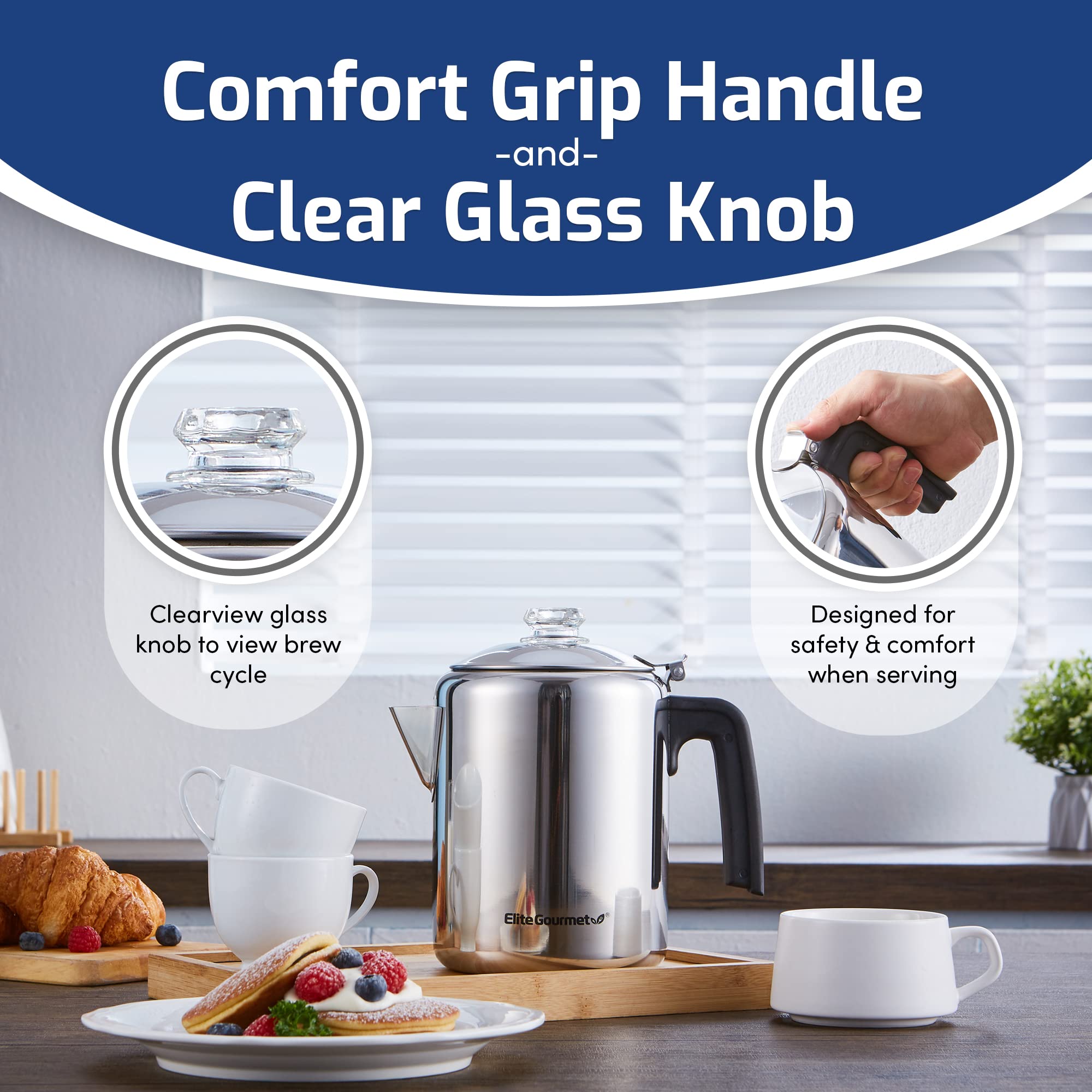 Elite Gourmet Ec008X Classic 8-Cup Stovetop Coffee Percolator Glass Clear Brew Progress Knob, Cool-Touch Handle, Stainless Steel