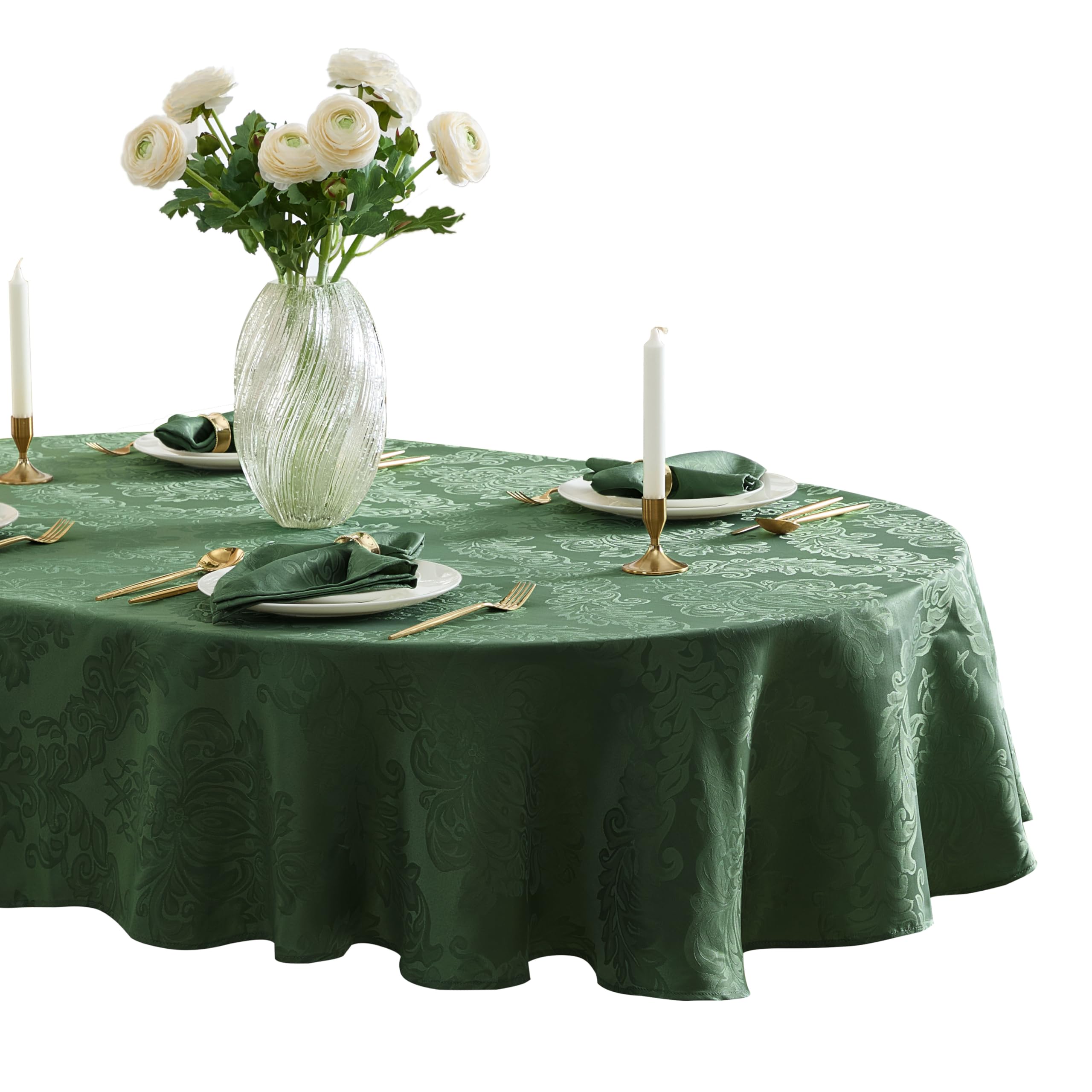 Newbridge Barcelona Damask Fabric Tablecloth, 60 x 84 Inch Oval, Hunter Green - No Iron, Soil Resistant Table Cover for Dining, 