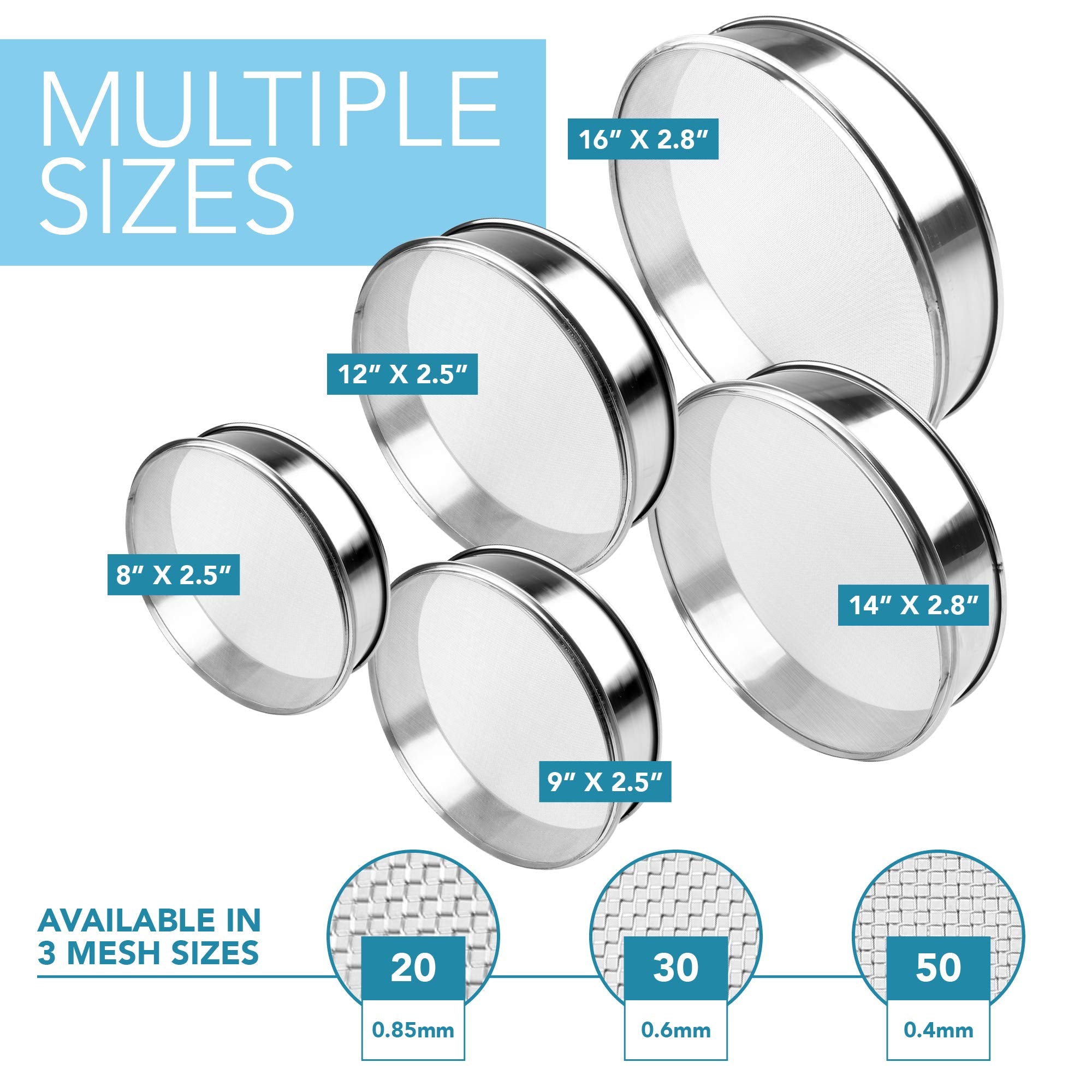 Vollum Stainless Steel Flour Sifter Fine Mesh Round Flour Sifter For Baking 16.5'' Diameter X 2.88'' High; Mesh-Hole Size 0.3Mm
