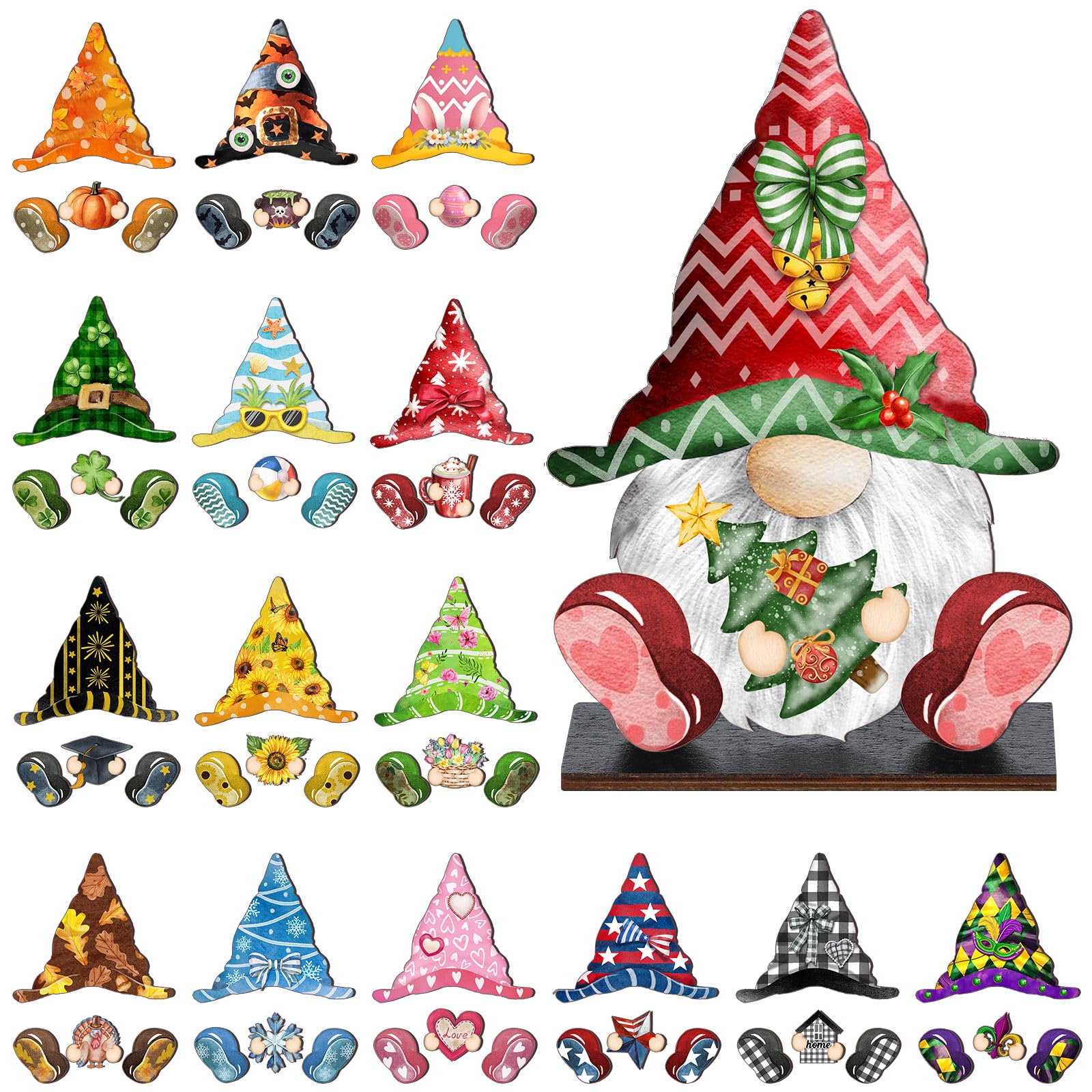 Blulu 34 Pcs Christmas Interchangeable Wooden Gnome Decor DIY Holiday Christmas Seasonal Tiered Tray Decoration Gnomes with Magn