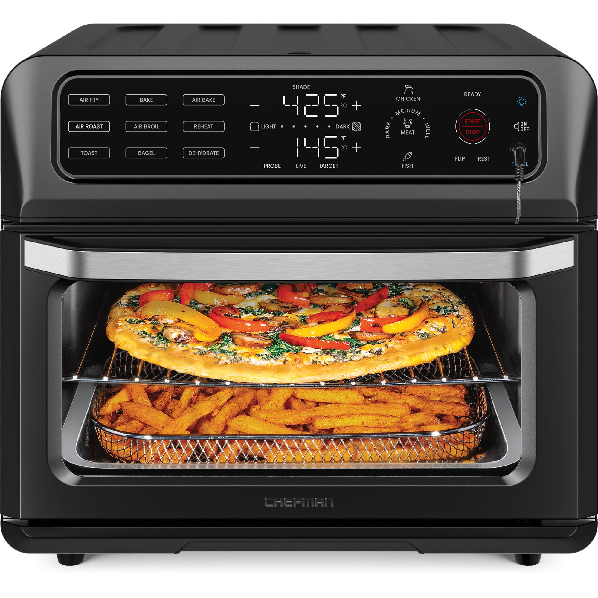 Chefman Air Fryer Toaster Oven Combo with Probe Thermometer, 12-In-1 Stainless Black Convection Oven Countertop, 10 Inch Pizza, 