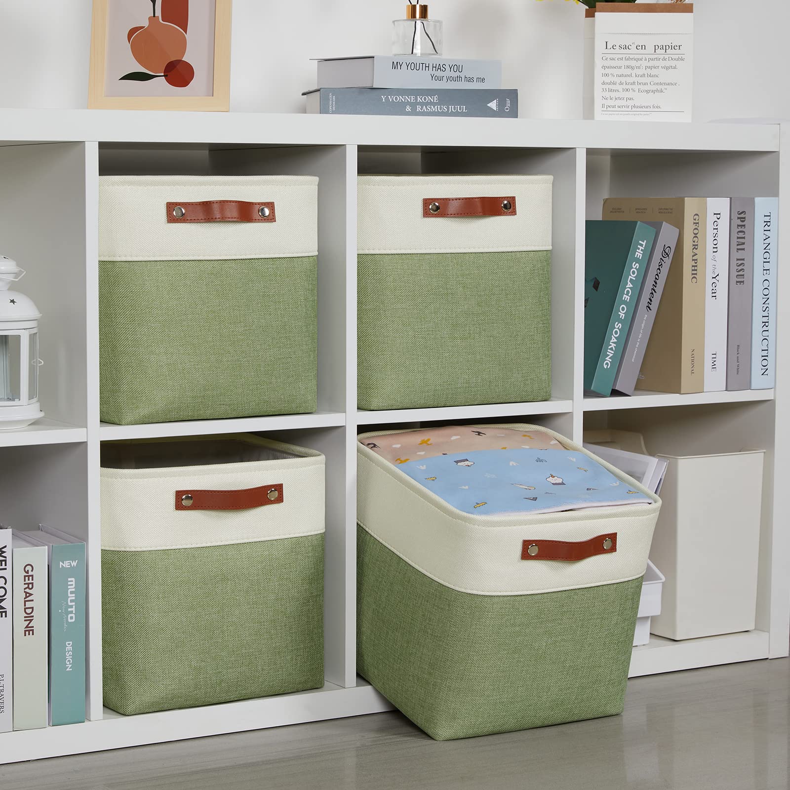 DULLEMELO Storage Basket  Linen Closet Organizers and Storage Baskets for Home Office  Suitable as Dog Toy Box  Baby Gift Basket  4 Pieces 12x12 Decorative Cube Storage Bins(4 Pack - 12 '' White&Green)