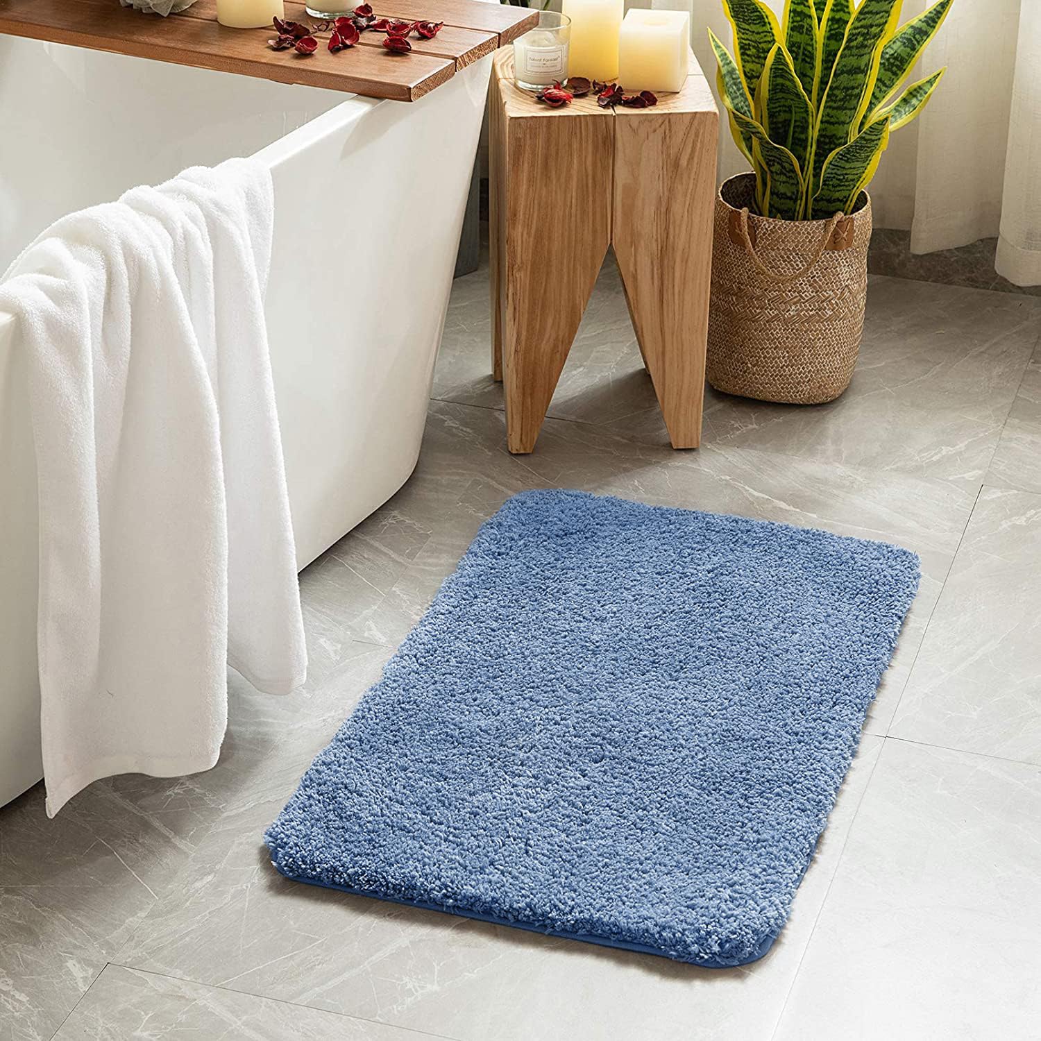 Miulee Blue Bath Rugs For Bathroom - Soft And Absorbent Non-Slip Mats For Shower Bath And Toilet, Machine Washable, 16'' X 24''