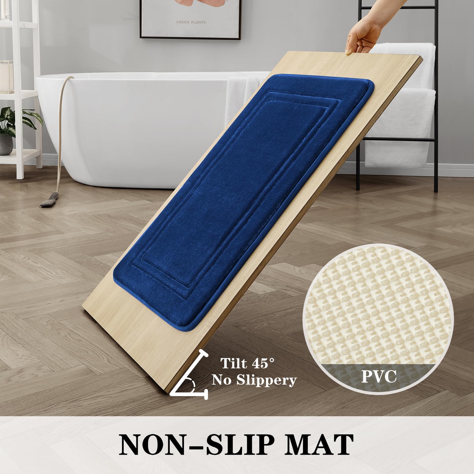 Bysure Navy Blue Memory Foam Bath Mat, Non Slip Extra Soft Absorbent Machine Washable, Bathroom Rugs Sets 3 Piece For Toilet Sho