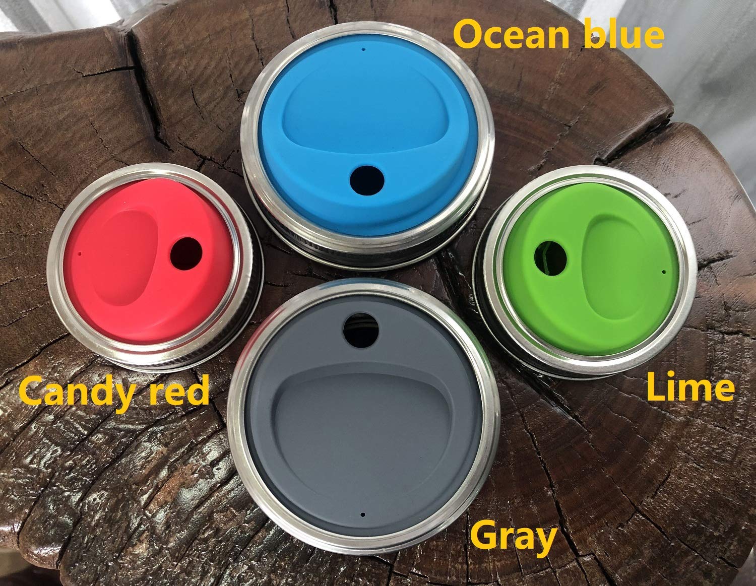 THINKCHANCES Reusable Food Grade and BPA Free Silicone Round Sip Straw Coffee Juice Drinking Lid Kit with Stainless Steel Rings for Mason  Ball  Canning Jars  Pack of 4 Sets (Regular Mouth Round Hole)