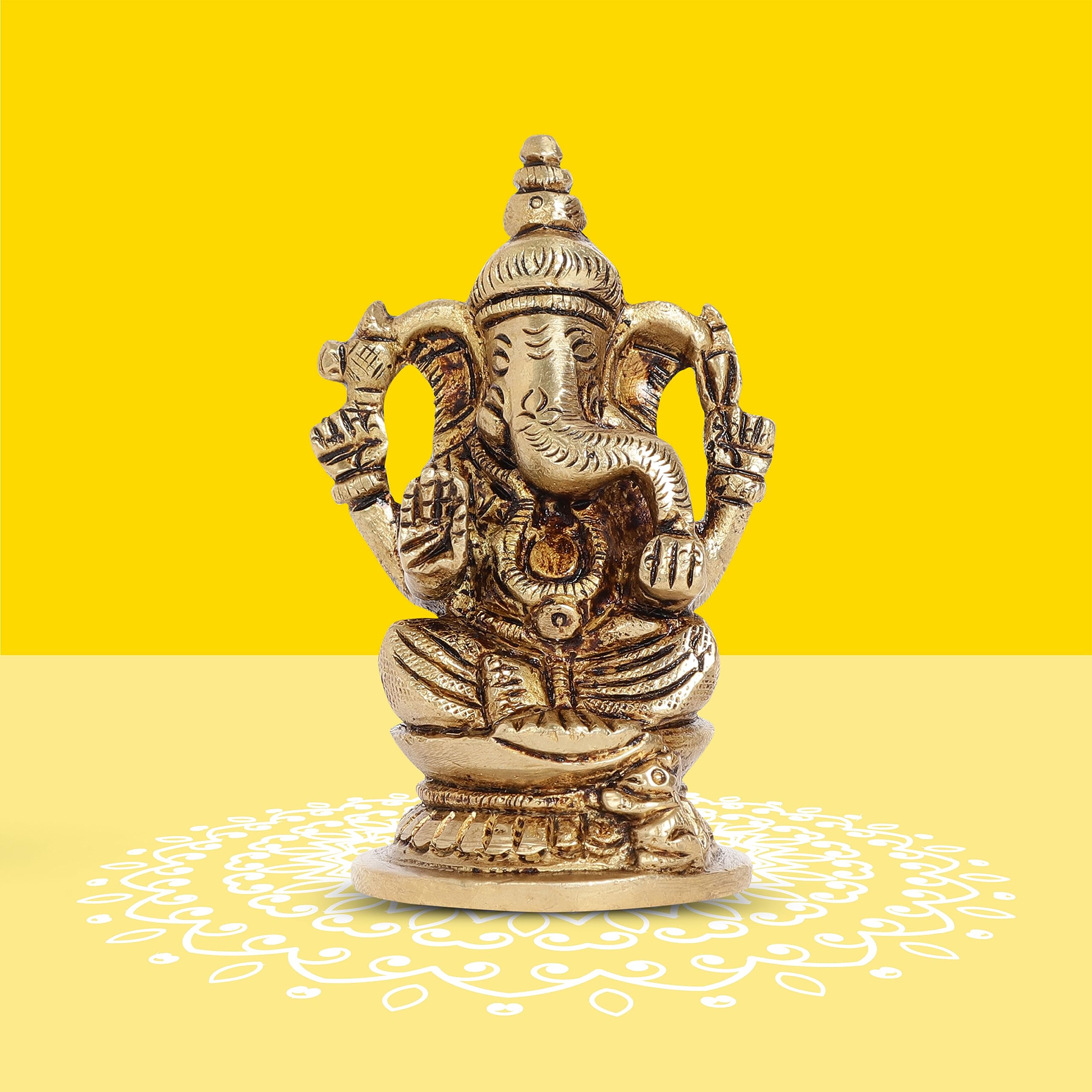 10Club 100% Pure Brass Lord Ganesha Idol for Home | 6.8 CM | Ganesh Murti | Yellow Antique Finish