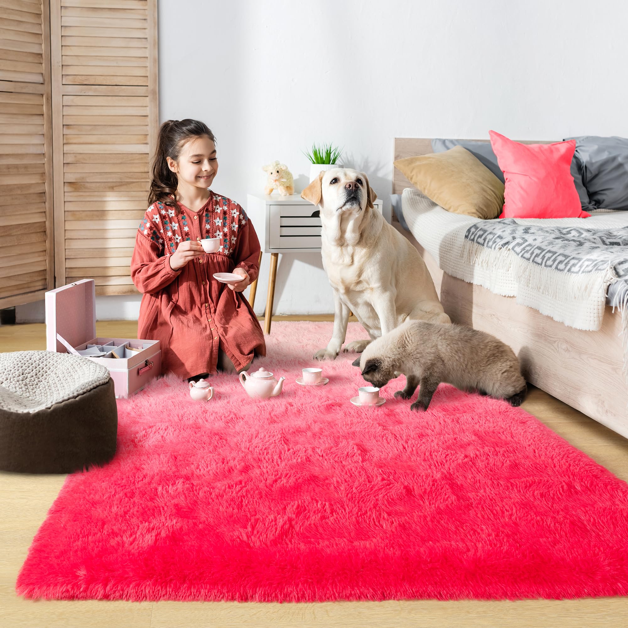 Noahas 4x6 Fluffy Kids Rugs for Room,Soft Red and PinkTie-Dyed Rainbow Rug for Girls Bedroom,Soft Colorful Playroom Shag Nursery