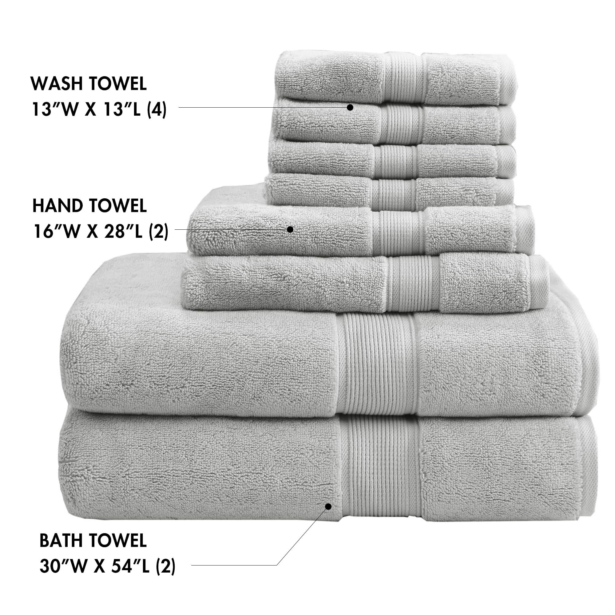 MADISON PARK SIGNATURE 800GSM 100% Cotton Luxurious Bath Towel Set Highly Absorbent  Quick Dry  Hotel & Spa Quality for Bathroom  Multi-Sizes  Silver 8 Piece