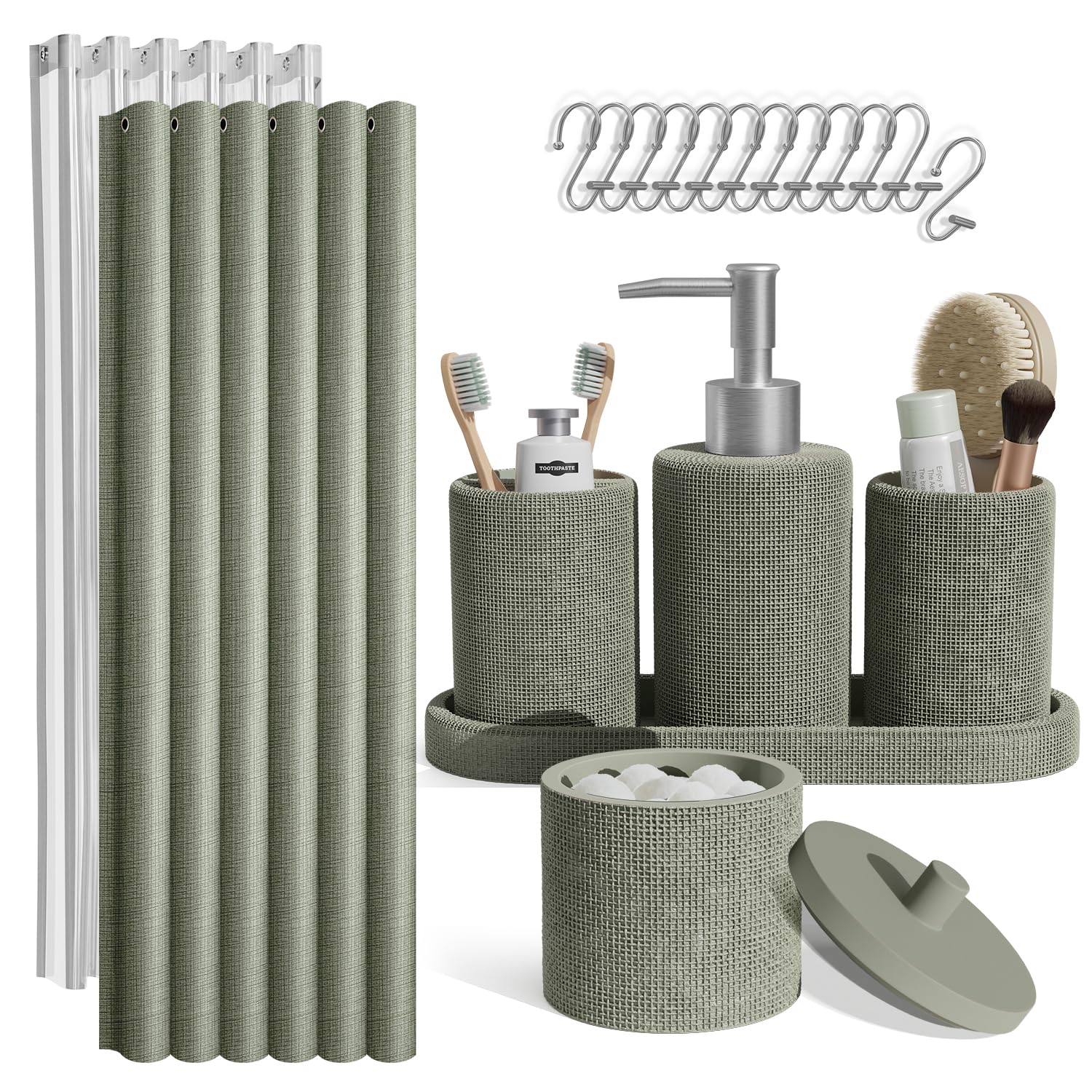 Clara Clark Sage Green Bathroom Set - Bathroom Accessories Set, 19PC Bathroom Accessory Set, Bathroom Sets with Shower Curtain S