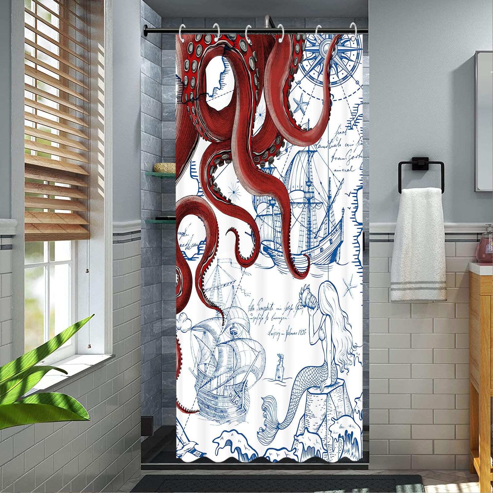 Fungarth Stall Red Nautical Octopus Shower Curtain Navy Blue Mermaid Funny Ocean Kraken Shower Curtains For Bathroom Cool Anchor