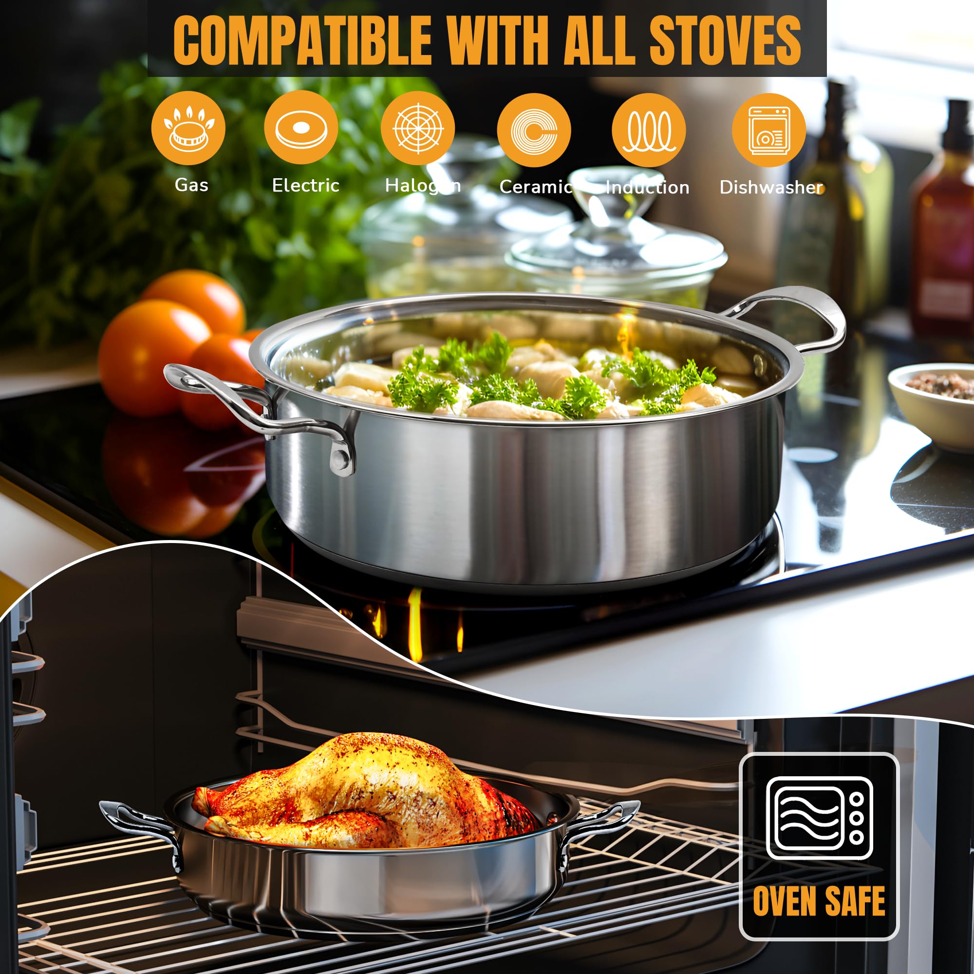 Aufranc Stainless Steel pots and pans set, 6 Piece Nonstick Kitchen Induction Cookware Set,Works with Induction/Electric and Gas