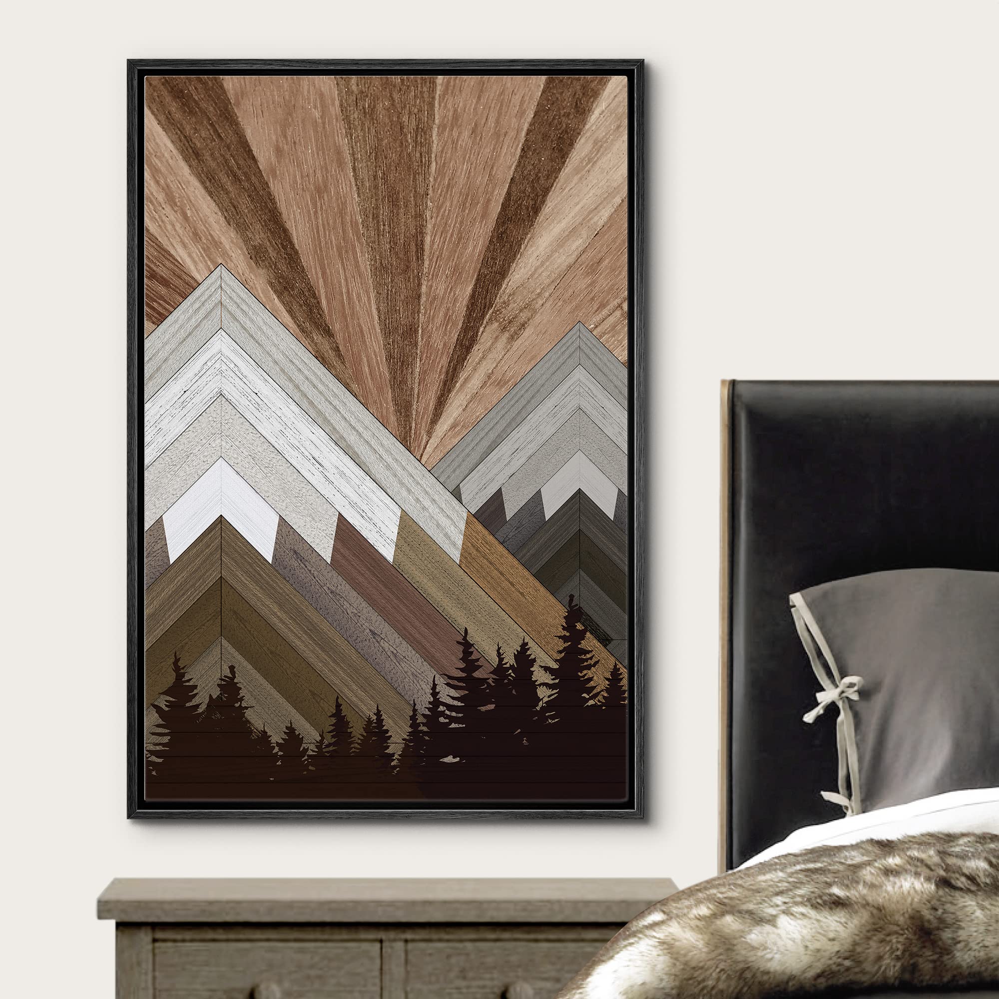 Wall26 Framed Canvas Print Wall Art Western Decor Brown Wood Panel Snowy Mountain Forest Nature Shapes Digital Art Modern Art Ru