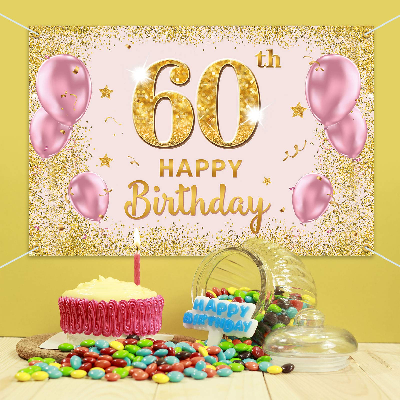 Pakboom Happy 60Th Birthday Backdrop Banner - 60 Birthday Party Decorations Supplies For Women - Gold Pink 3.9 X 5.9Ft