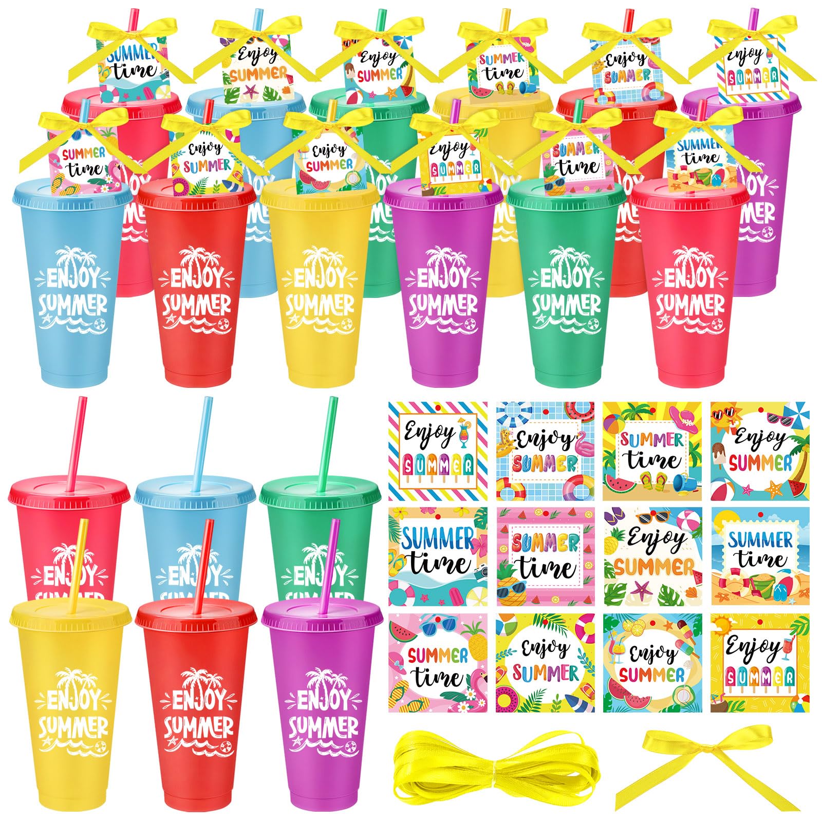 Honeydak 24 Sets Summer Tumbler Bulk 24 oz Plastic Tumbler Cup with Lids Straws and Greeting Card Beach Pool Plastic Cups Apprec