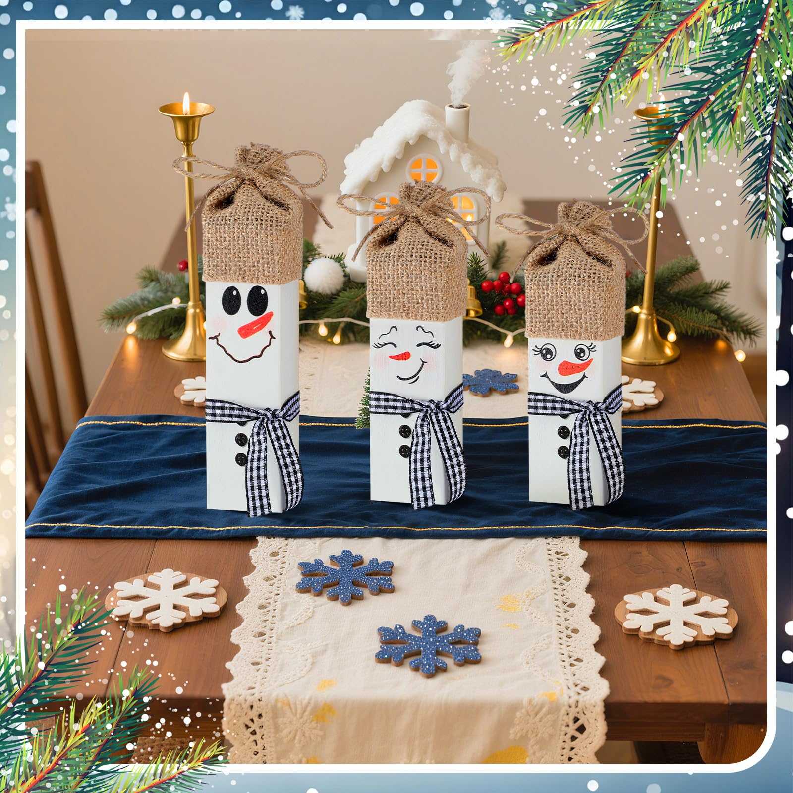 Yousoontic 3 Pcs Christmas Snowman Table Decorations Wooden Snowman Table Block Sign with Hat Plaid Winter Tiered Tray Decor Chr